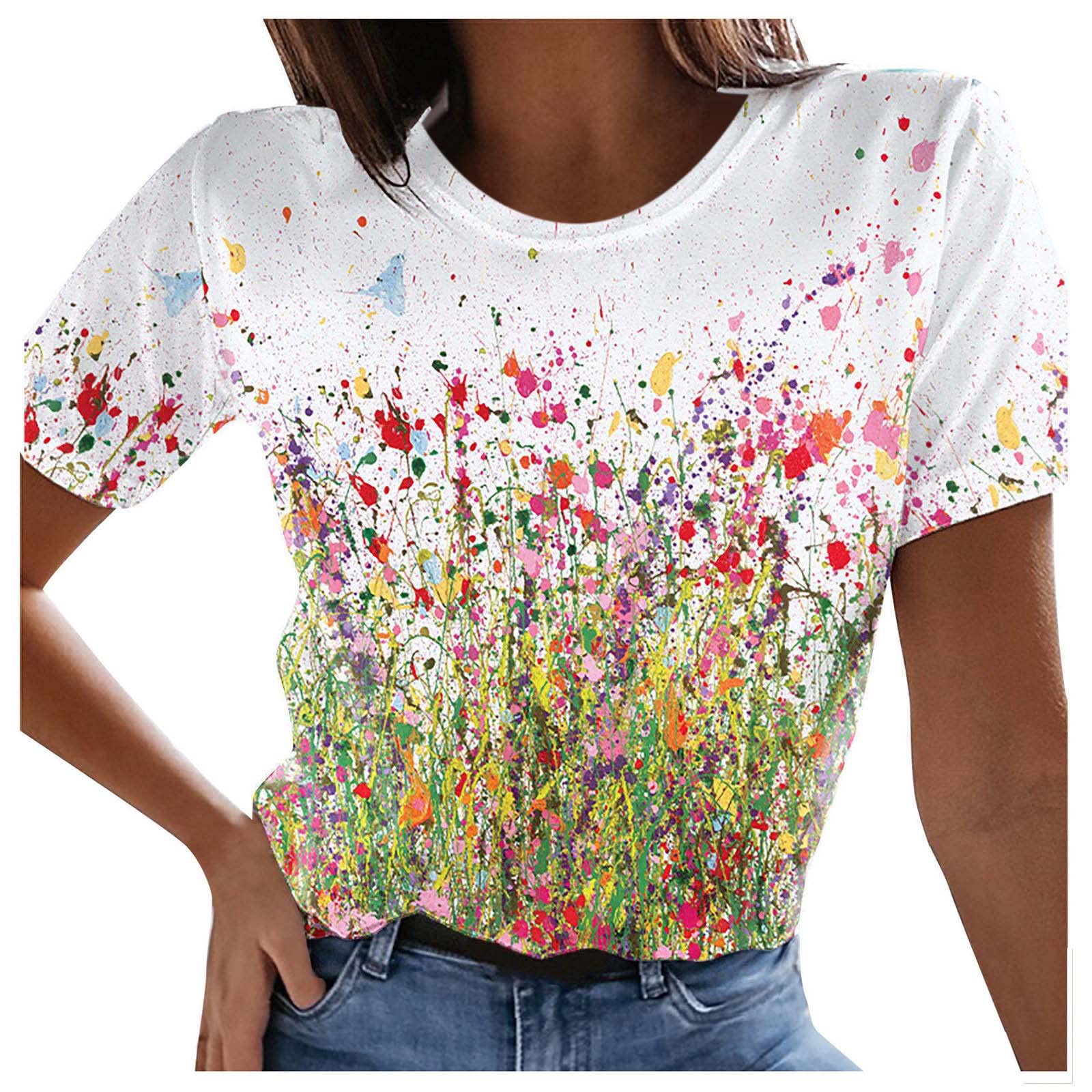 Women's Floral Print Summer Tops - Funny Round Neck Short Sleeve T-Shirt | Casual Loose Fit Basic Tee for Beach, Vacation & Everyday Wear