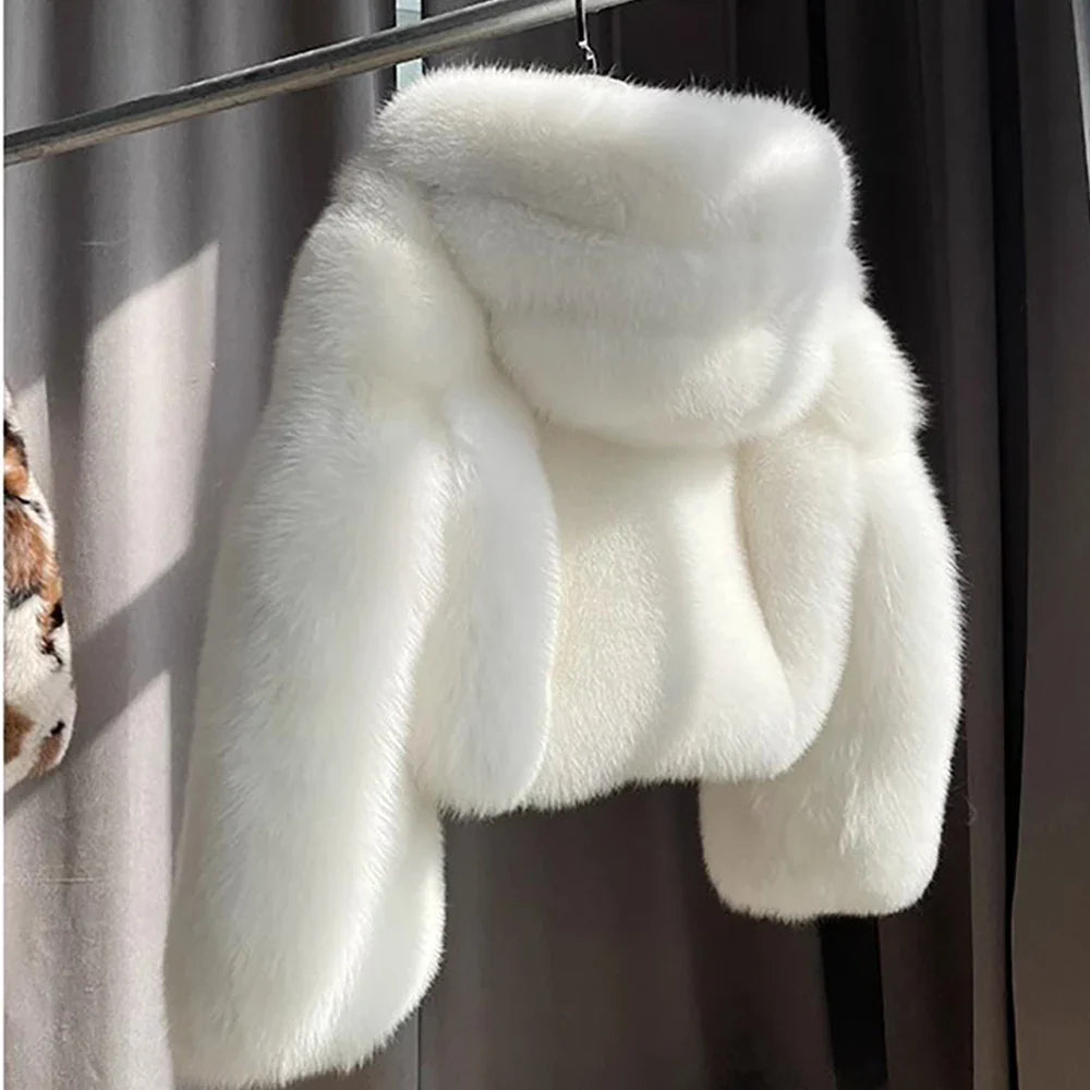 Luxury Faux Fur Coat for Women - Soft Warm Hooded Jacket, Vintage Style Winter Outerwear for Casual Outings & Holiday Parties