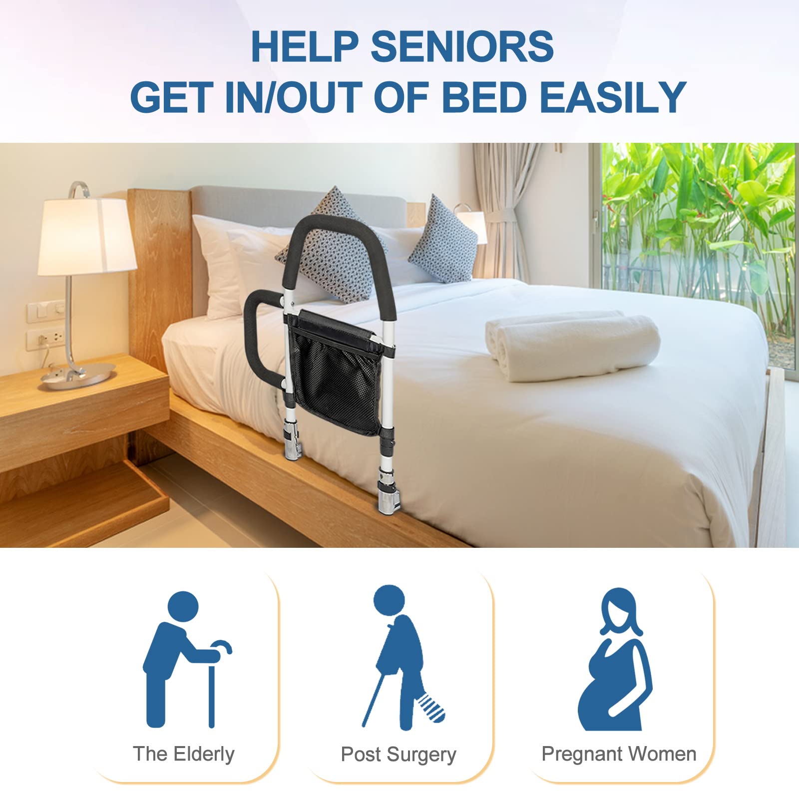 **Bed Rails for Elderly Adults - Adjustable Safety Bed Assist Rail with Dual Grab Bars & Storage Pocket - Supports Up to 300lbs - Fits King, Queen, Full & Twin Beds - Ideal for Seniors, Post-Surgery Recovery & Home Care Assistance**