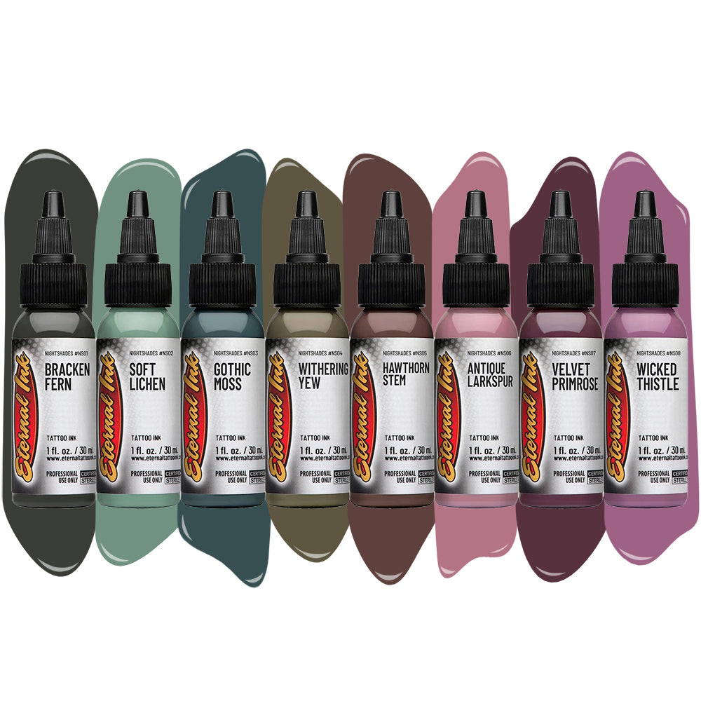 Gia Rose Nightshades Set of 8 Bottles (1oz Each) — Premium Eternal Tattoo Ink for Professional Artists — Perfect for Tattoo Studio, Body Art & Permanent Makeup