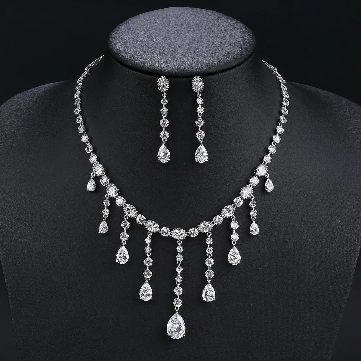 Elegant Droplet Cubic Zirconia Tassel Wedding Jewelry Set - Necklace & Earrings Bridal Party Accessories for Bride, Bridesmaid, Anniversary & Formal Dinner Occasions