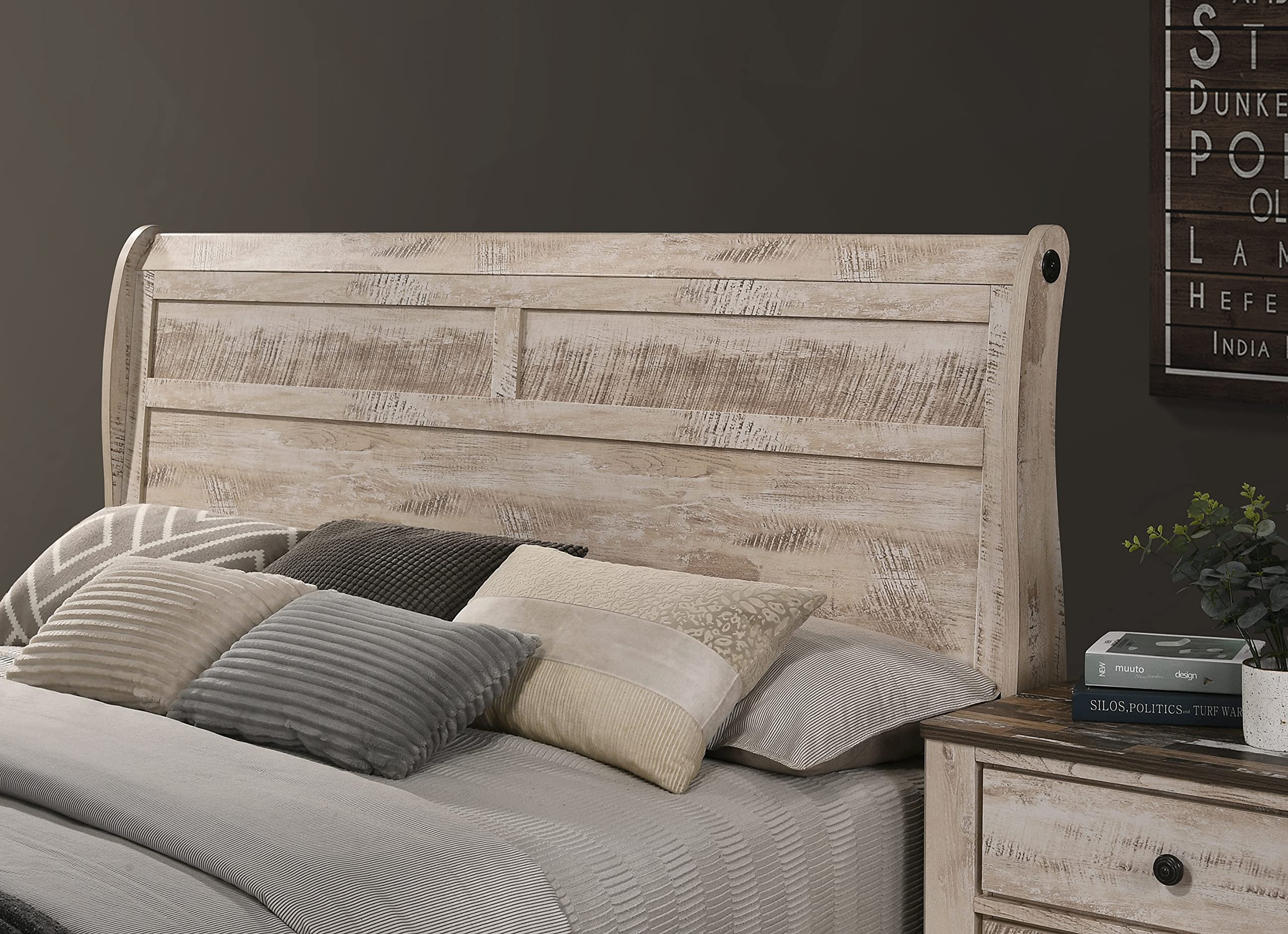Roundhill Furniture Imerland 6-Piece King Size Sleigh Bedroom Set with White-Washed Finish - Perfect for Master Bedrooms & Guest Rooms
