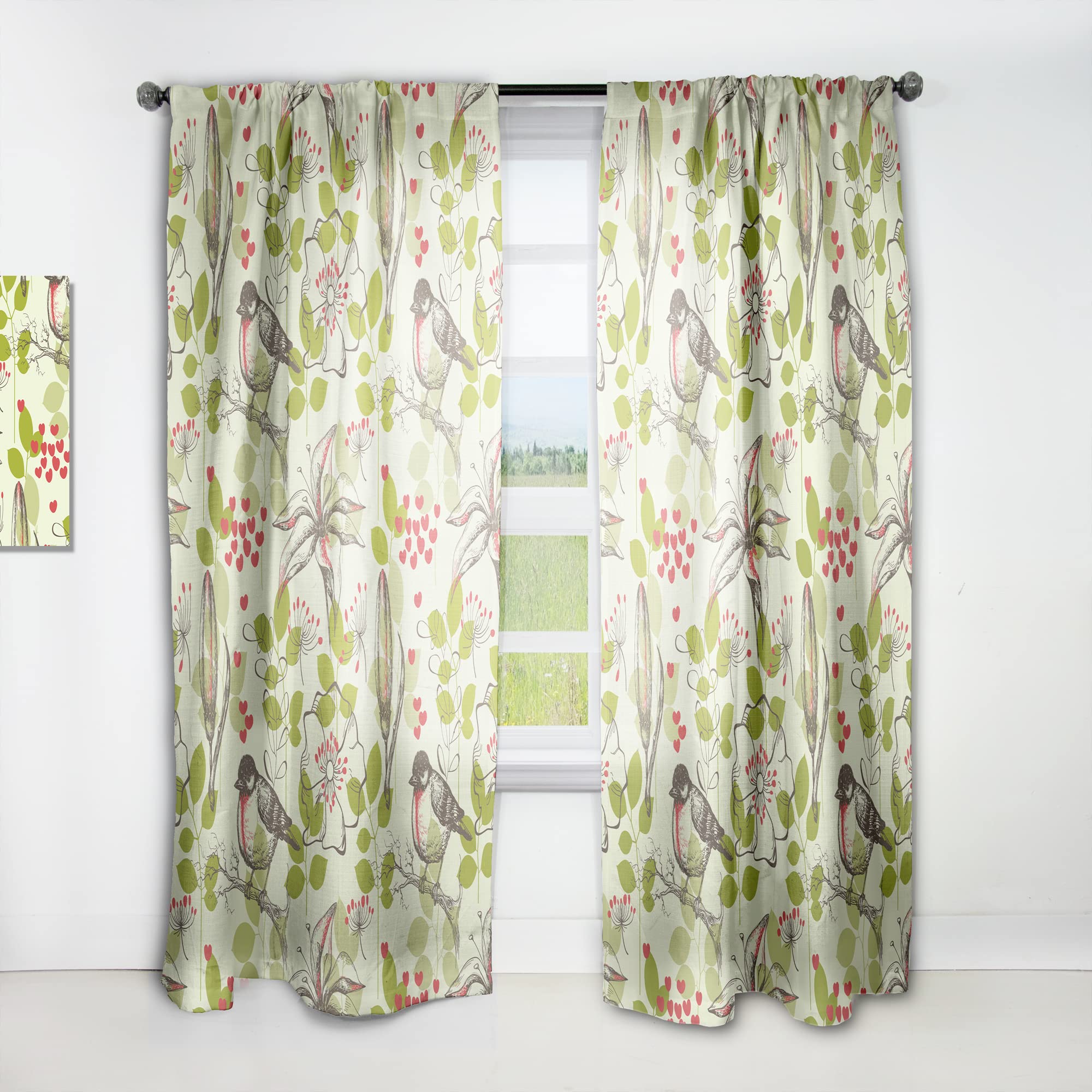 DesignQ Thermal Insulated Curtains - Small Bird, Lilies & Hearts Pattern - 52x120 Inch Single Panel for Bedroom & Living Room | Energy Saving, Blackout Drapes for Home Decor