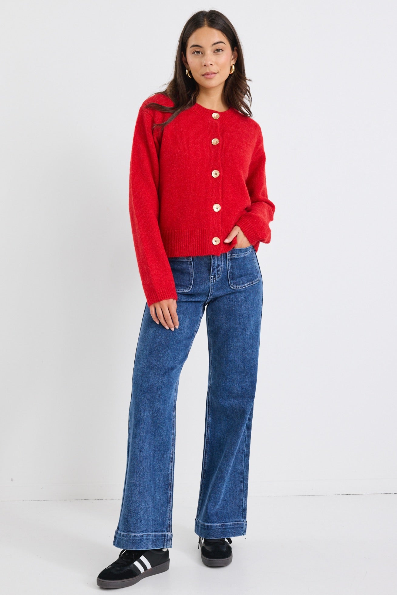Imprint Red Soft Knit Crewneck Cardigan - Women's Cozy Sweater for Fall & Winter | Perfect for Office, Casual Outings & Date Nights