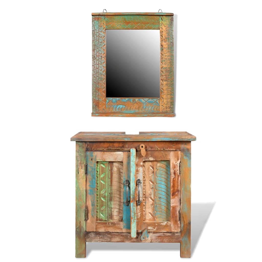 vidaXL Reclaimed Solid Wood Bathroom Vanity Cabinet with Mirror - Rustic Bathroom Sink Storage Set - Perfect for Farmhouse & Vintage Style Bathroom Decor