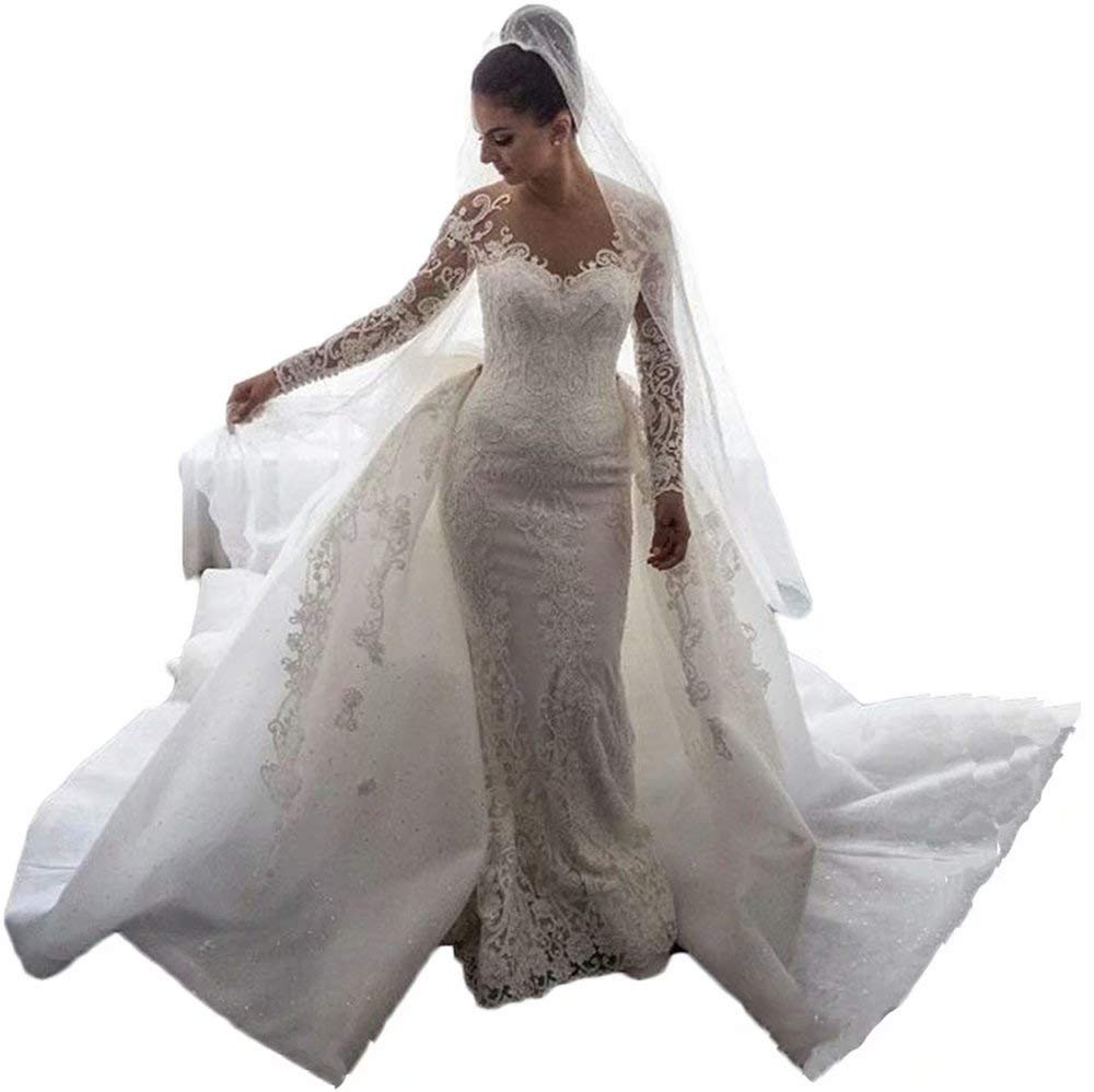 Elegant Long Sleeve Mermaid Wedding Dress with Lace Appliques and Detachable Train - Perfect for Beach, Church, and Formal Wedding Ceremonies
