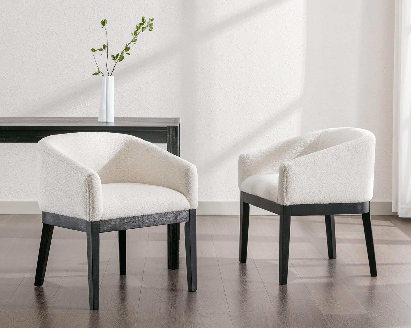 Mid Century Modern Upholstered Barrel Dining Chairs Set of 2 - Farmhouse Style Faux Sherpa Kitchen & Dining Room Chairs with Black Hardwood Frame - 18