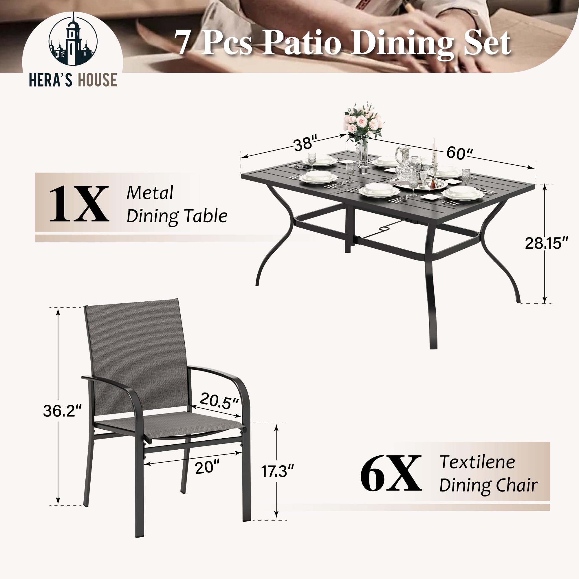HERA'S HOUSE 7-Piece All-Weather Outdoor Patio Dining Set with Table, Chairs & Umbrella Hole - Durable Backyard Furniture for Lawn, Deck, Garden & Poolside Gatherings