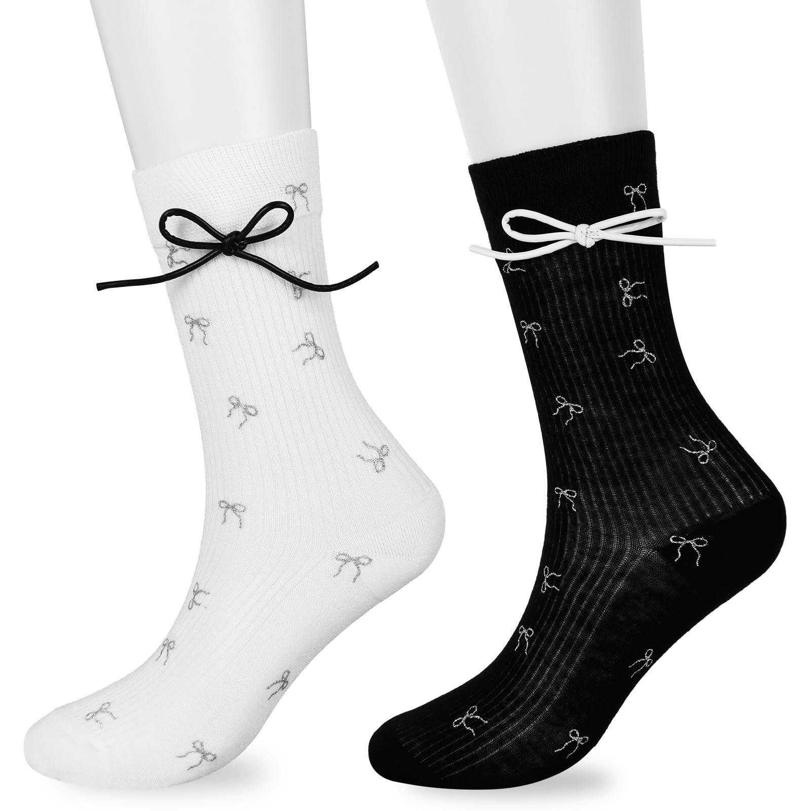 2 Pairs Cute Bow Socks for Women & Girls - Thin Crew Cotton Dress Socks in Black & White - Perfect for Parties, Princess Costumes & Gift Giving