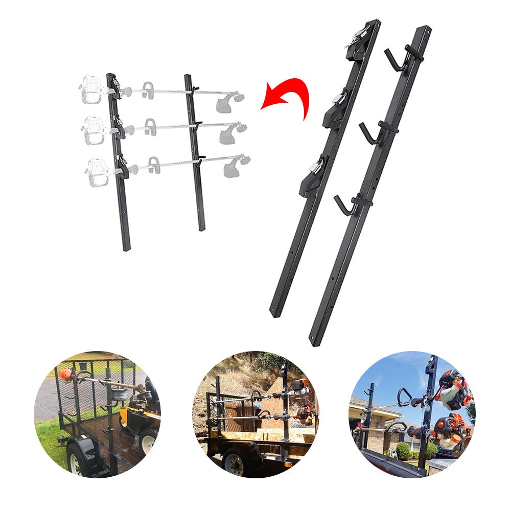 ELITEWELL 3-Position Lockable Weed Eater Trimmer Rack & 6-Hole Tool Organizer for Open Landscape Trailers & Trucks - Secure Storage for Lawn Care Equipment & Gardening Tools