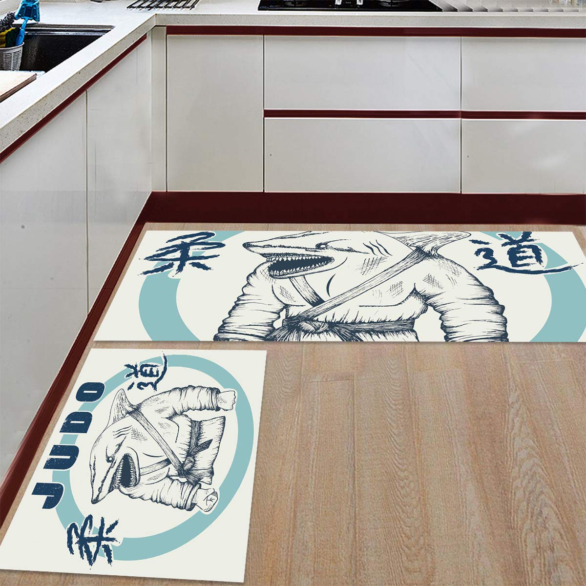 Non-Slip Kitchen Rug Set of 2 - Washable Anti-Skid Floor Mats with Shark & Judo Design (19.7