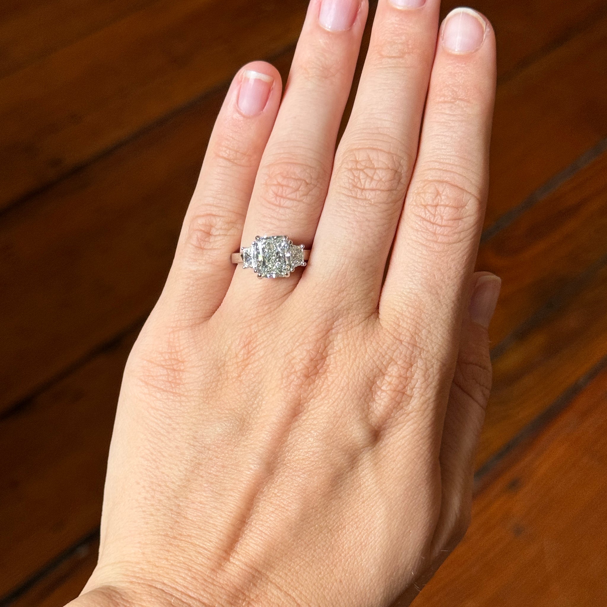 3ct Radiant Cut Diamond Center with .71ct Trapezoid Side Stones Platinum Three Stone Engagement Ring - Perfect for Proposals, Anniversaries & Special Occasions