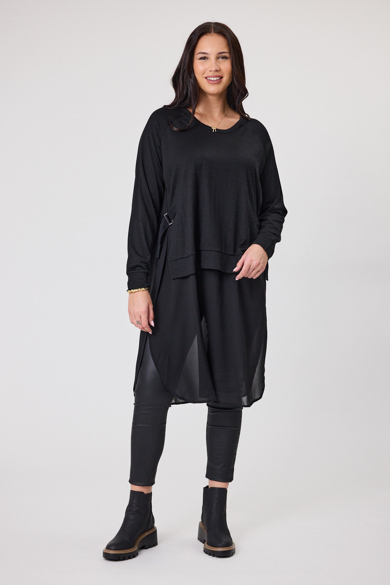 Alpine by Shine On Paris Merino Wool & Chiffon Blend Tunic Top - Black | Elegant Women's Fashion for Work & Evening Wear