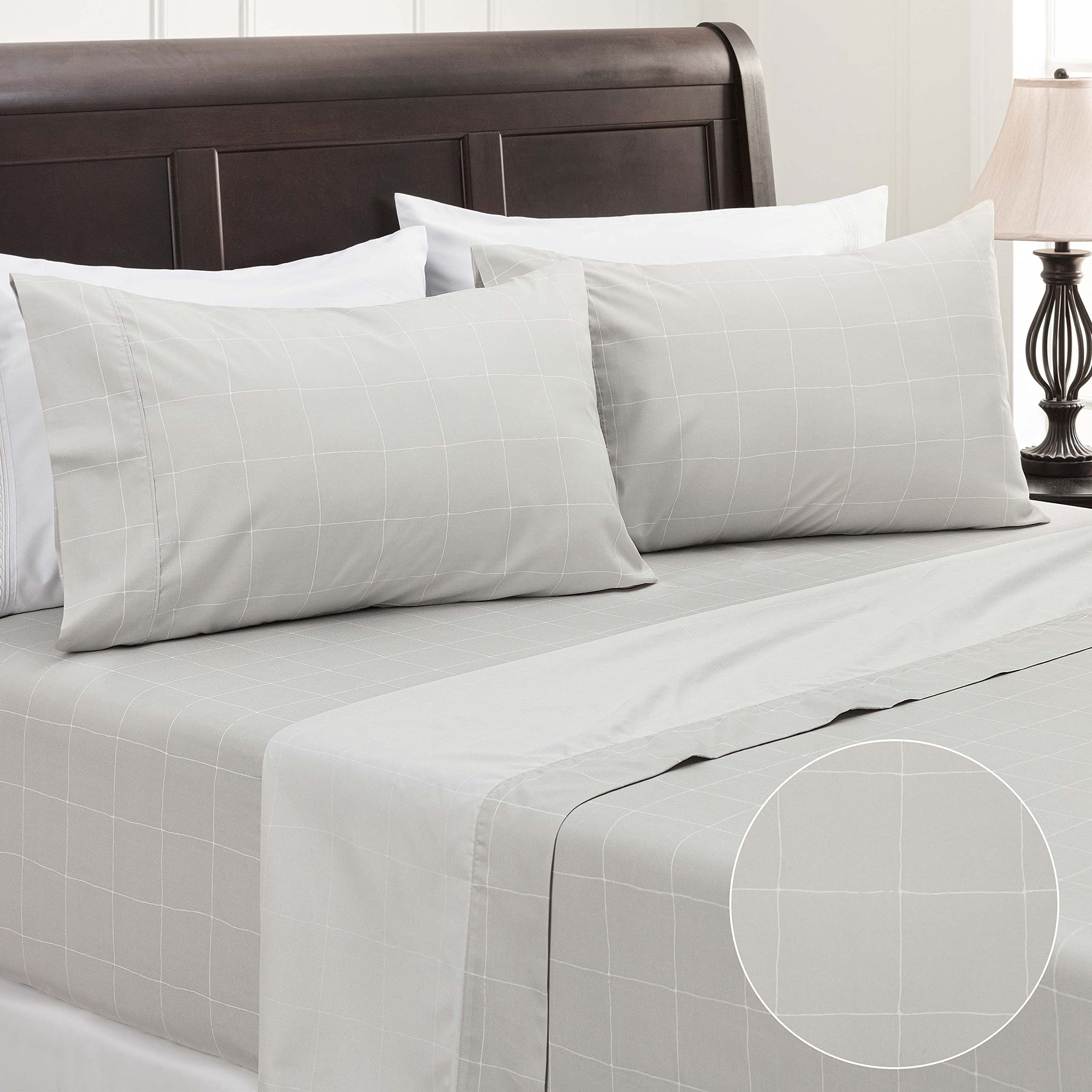 Premium Printed Queen Bed Sheet Set 4-Piece - Soft Hand Drawn Plaid Pattern Microfiber Sheets - Wrinkle & Fade Resistant - Includes 1 Flat Sheet, 1 Fitted Sheet & 2 Pillowcases - Gray - Perfect for Master Bedroom, Guest Room & Dorm Decor