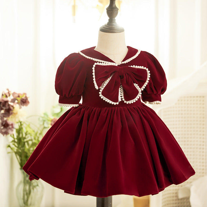 Burgundy Velvet Flower Girl Dress with Beaded Bow Collar - Elegant Princess Gown for Weddings, Parties & Special Occasions