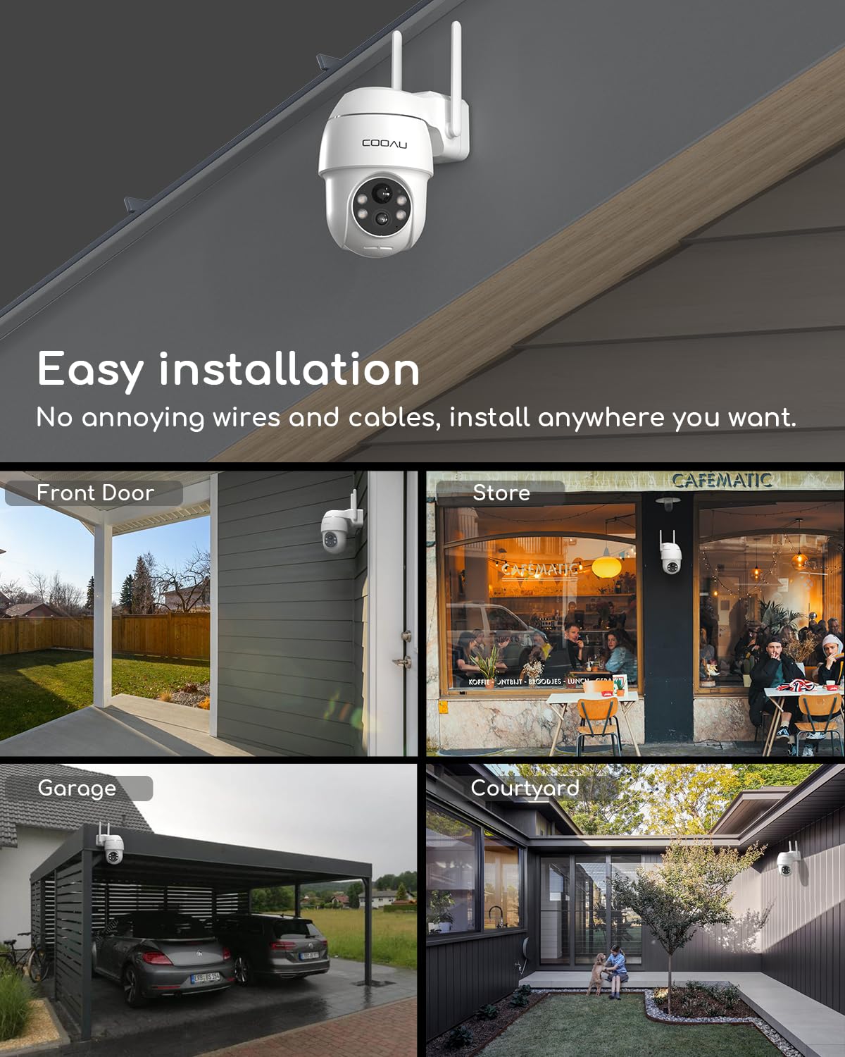 COOAU 2K Wireless Outdoor Security Camera with 360° PTZ, Color Night Vision & Rechargeable Battery - 2.4G WiFi CCTV for Home Surveillance, Yard Monitoring & Property Protection
