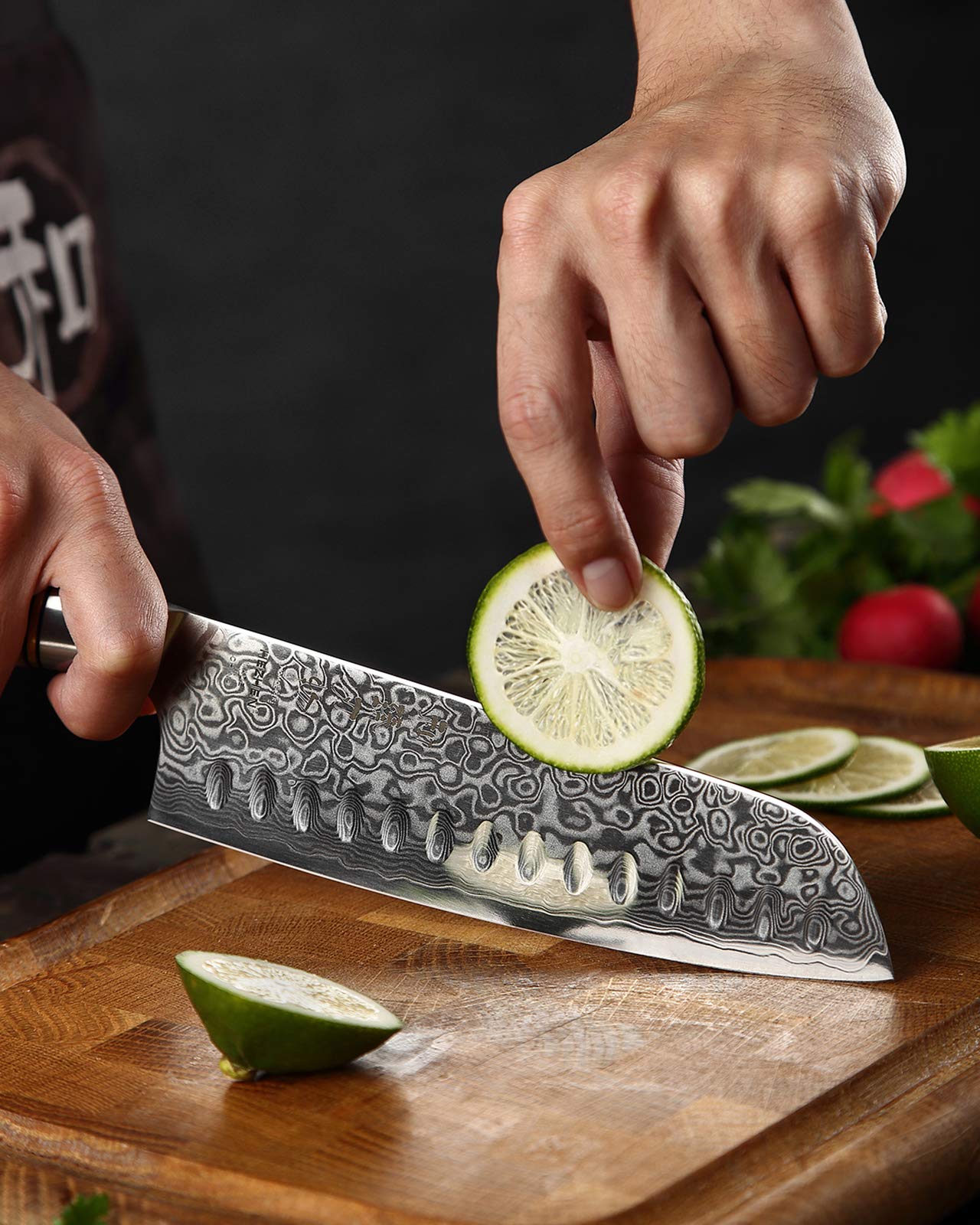 Premium Damascus Steel Kitchen Knives Set - Japanese Style Chef Knife, Utility Knife & Santoku Knife with Figured Sycamore Wood Handle - Perfect for Professional Chefs, Home Cooking & Gourmet Food Preparation