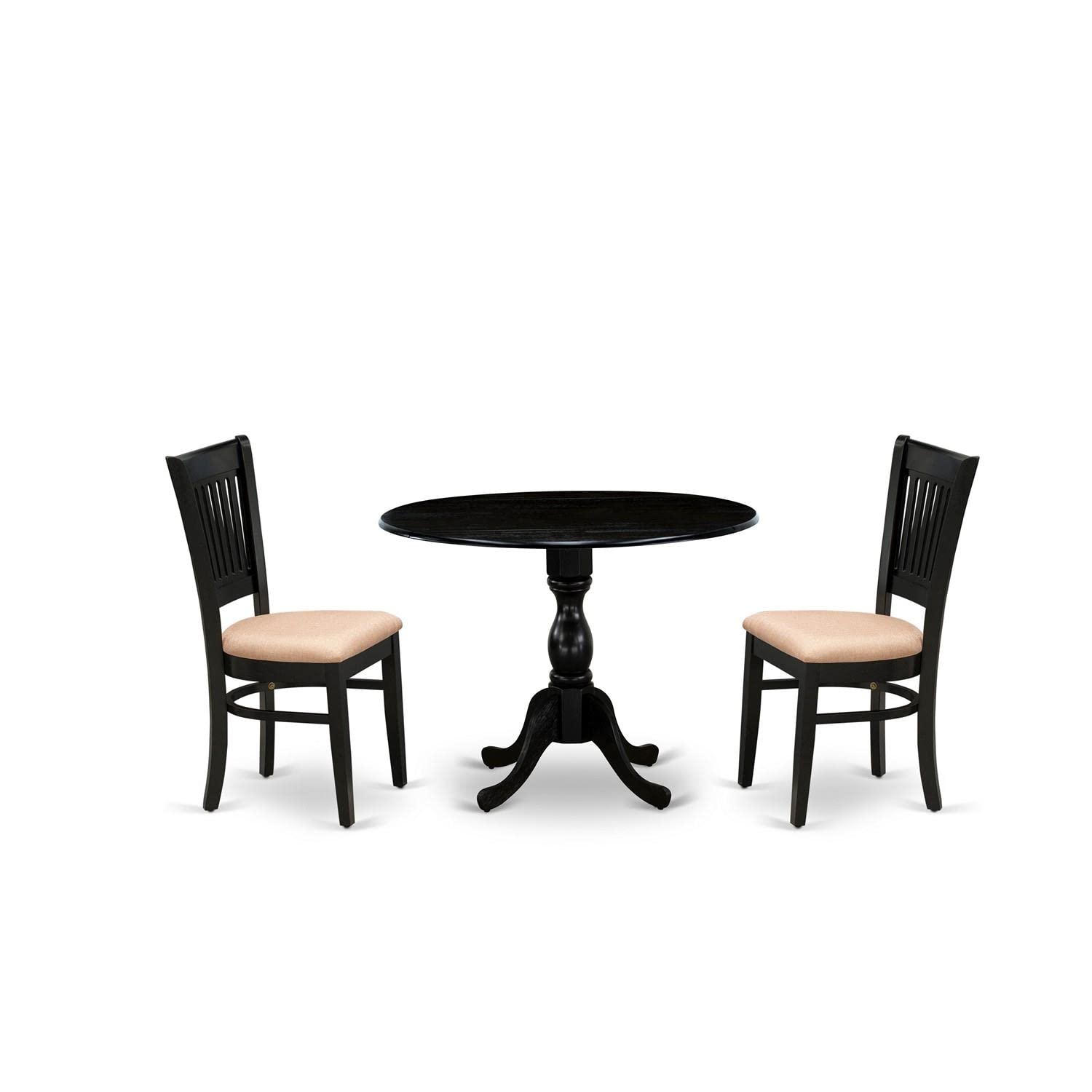 East West Furniture DMVA3-BLK-C 3-Piece Kitchen Dining Set - Round Drop Leaf Table & 2 Upholstered Chairs, 42x42 Inch, Black - Perfect for Small Spaces, Breakfast Nooks & Cozy Apartments