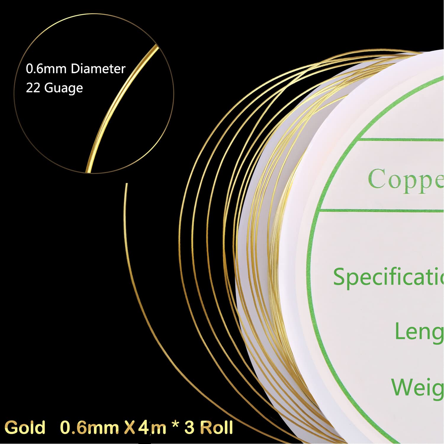 3 Pack 22 Gauge Tarnish Resistant Jewelry Wire - Copper Beading Wire for Jewelry Making & Crafting Supplies (Gold, 0.6mm x 4m Each) - Perfect for DIY Bracelets, Earrings & Necklace Designs