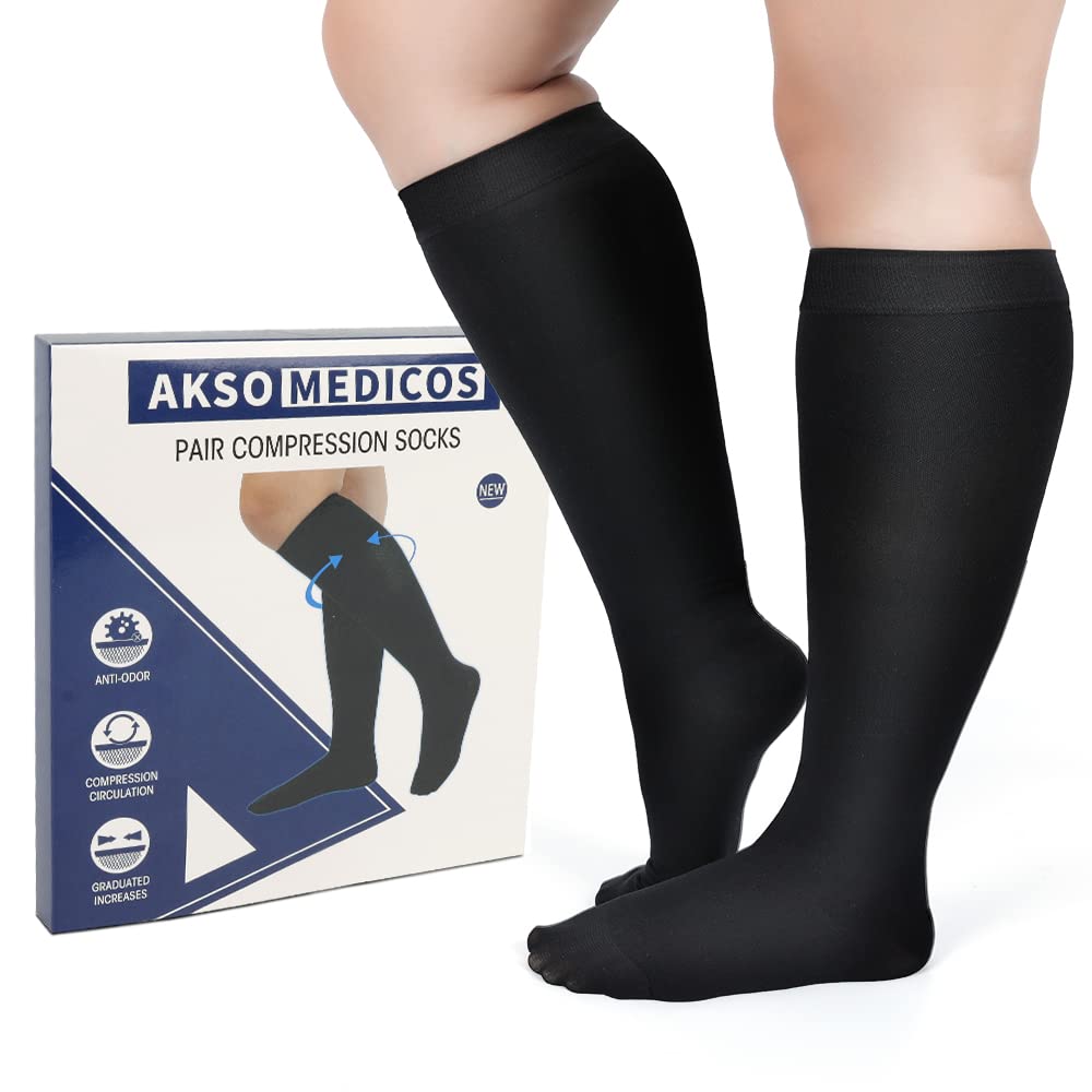 AKSO MEDICOS 20-30 mmHg Compression Socks for Women & Men - Plus Size Wide Calf Knee High Support Stockings for Varicose Veins, Swelling, Edema & Circulation - Black 7XL - Ideal for Travel, Nursing & Long Hours Standing