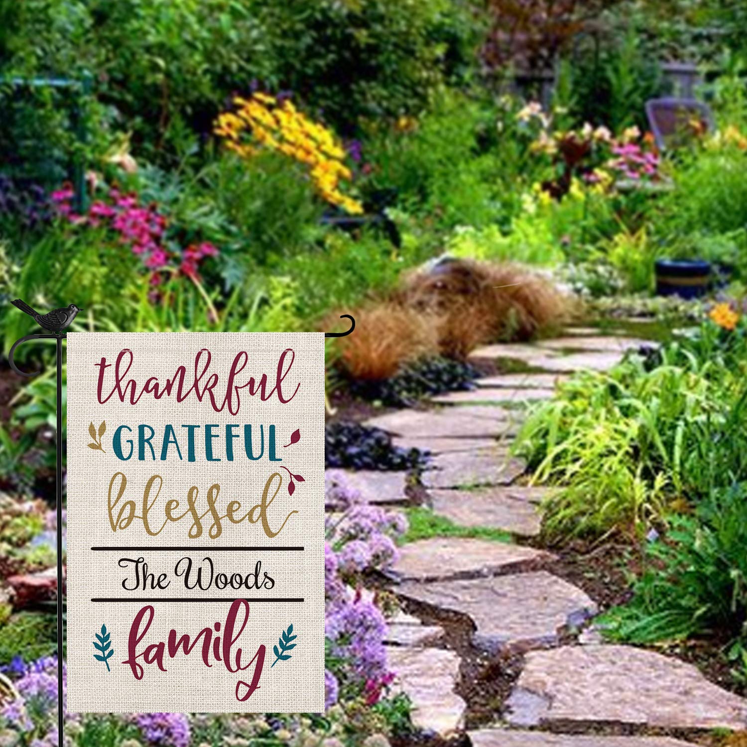 Custom Thanksgiving Garden Flag - Personalized Family Name, Thankful Grateful Blessed Design, Double Sided 12x18 Inch Rustic Farmhouse Burlap Outdoor Yard Decoration for Fall, Autumn, and Holiday Season