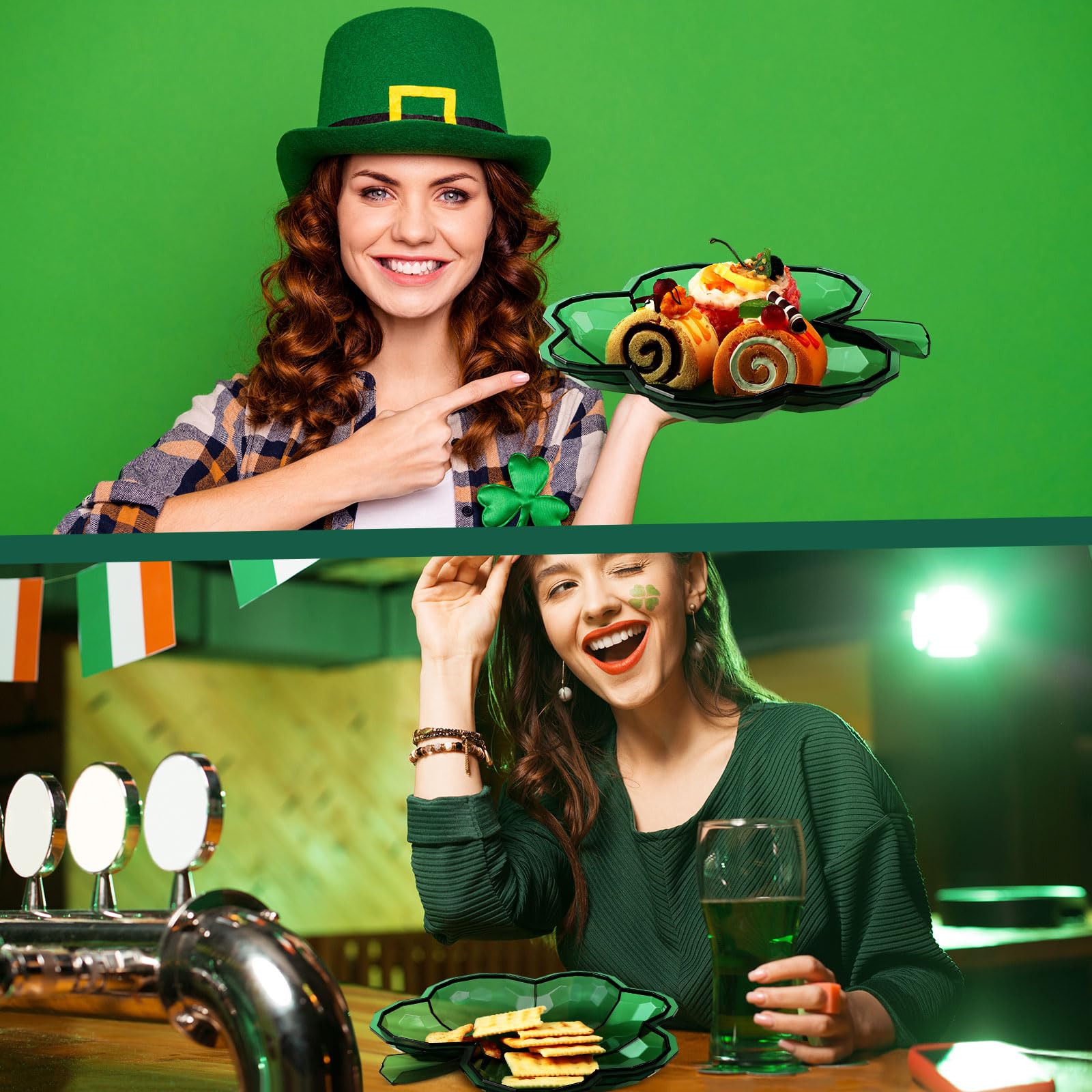 4 Pack St. Patrick's Day Plastic Bowls - 8.5 Inch Shamrock Shaped Serving Trays for Candy, Snacks & Party Decorations | Irish Themed Dinnerware for St. Paddy's Day Celebrations, Home Decor & Holiday Gatherings