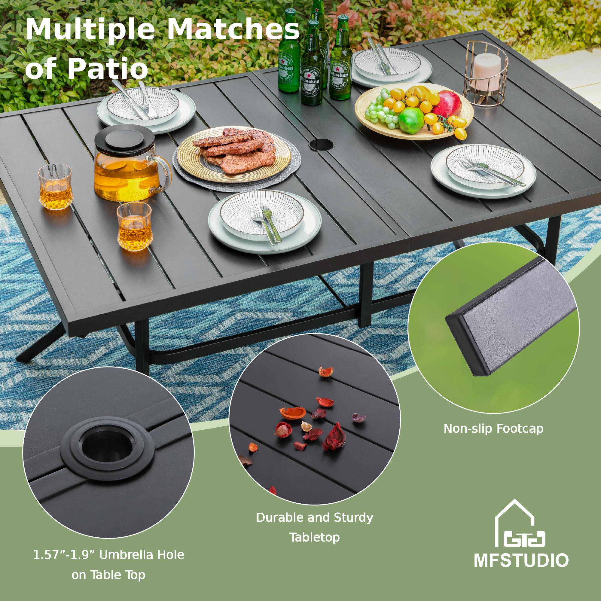 MFSTUDIO 7-Piece Outdoor Patio Dining Set - Rectangular Metal Table with 6 Rattan Swivel Chairs & Adjustable Umbrella Hole - Perfect for Backyard, Garden, Poolside & BBQ Gatherings