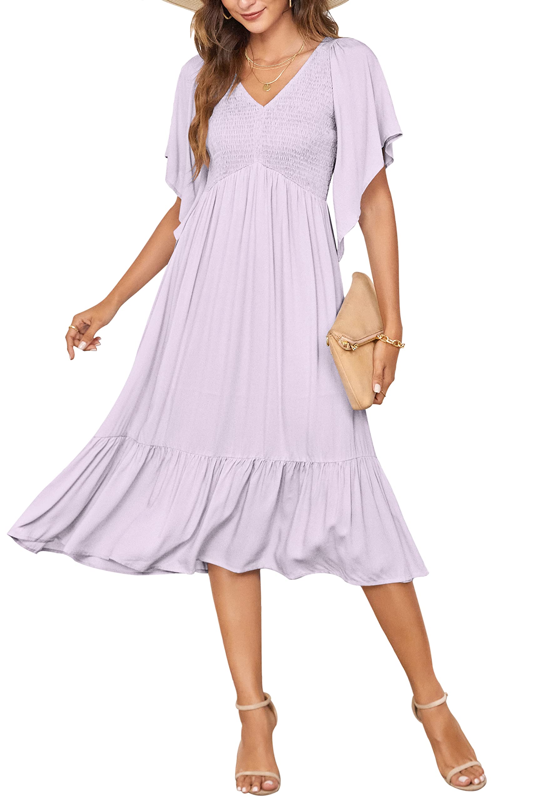 PYGFEMR Women's Summer Floral Print Empire Waist Dress - Smocked Flutter Short Sleeve V-Neck Midi Dress for Beach, Vacation & Casual Wear