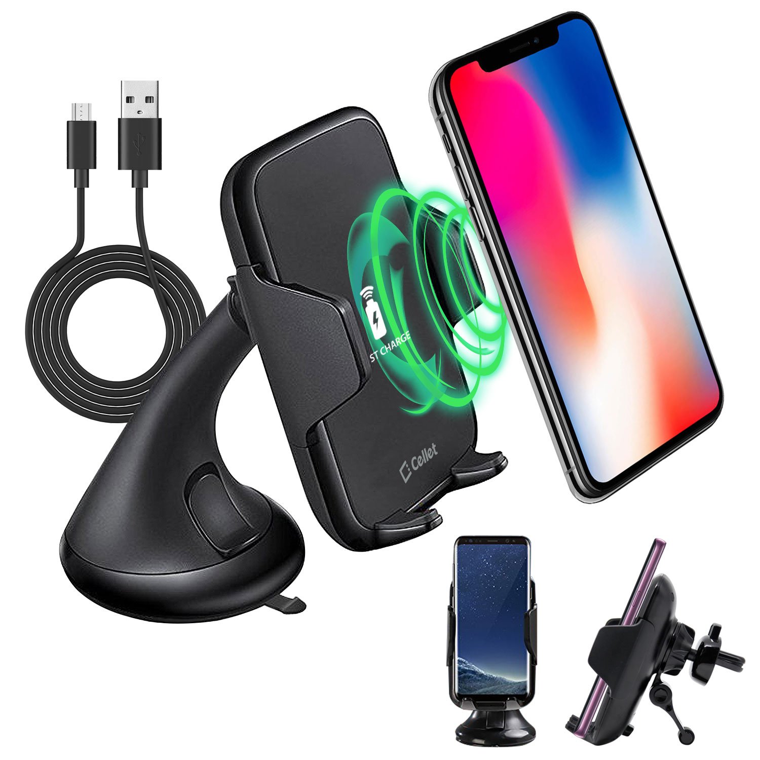2-in-1 Wireless Charger & Car Mount for iPhone/Samsung - 360° Rotating Air Vent & Dashboard Phone Holder - Fast Charging for Driving, Commuting & Road Trips