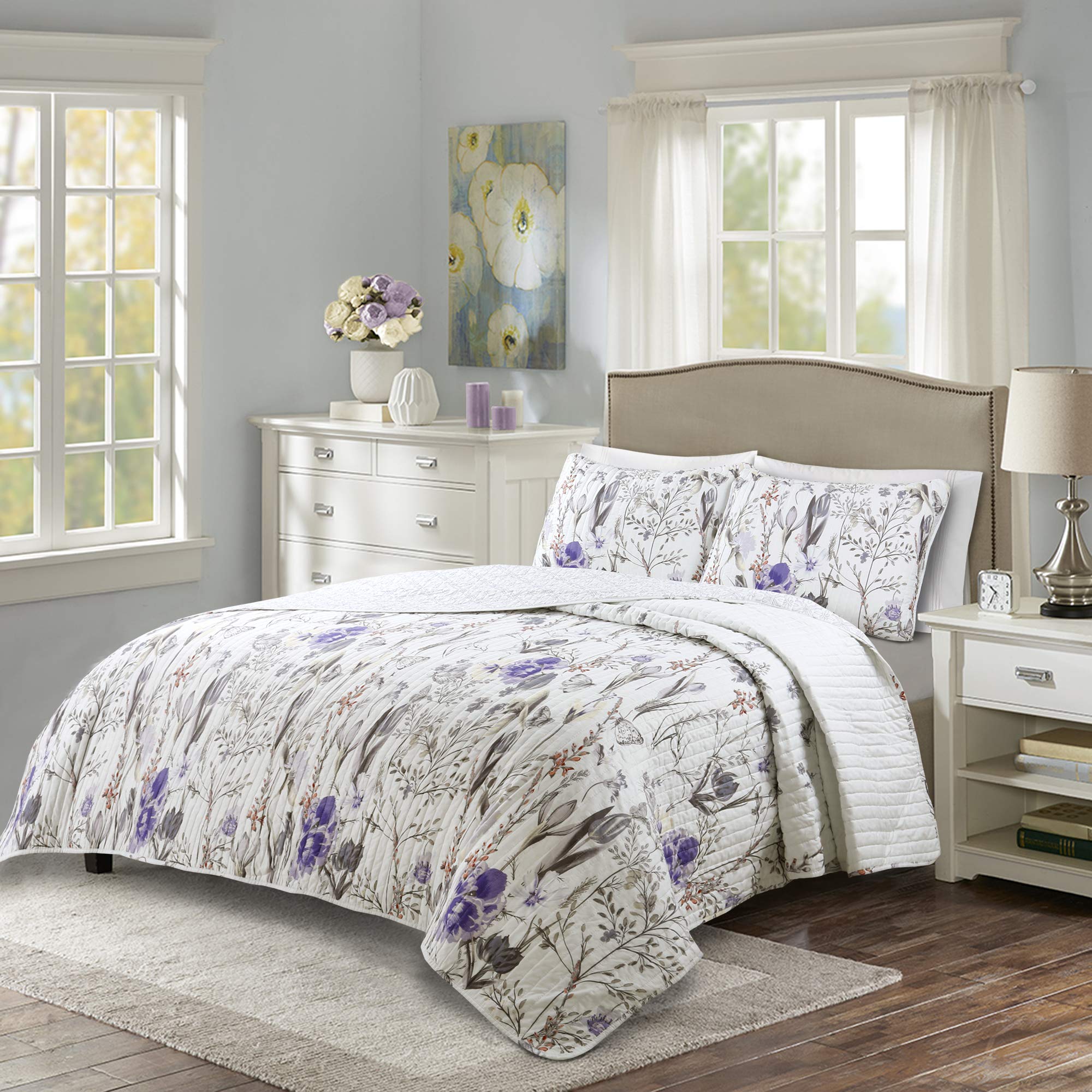 Lush Decor Adalia 3-Piece Purple and Gray Quilt Set King Size - Soft Bedding for Cozy Bedrooms & Guest Rooms