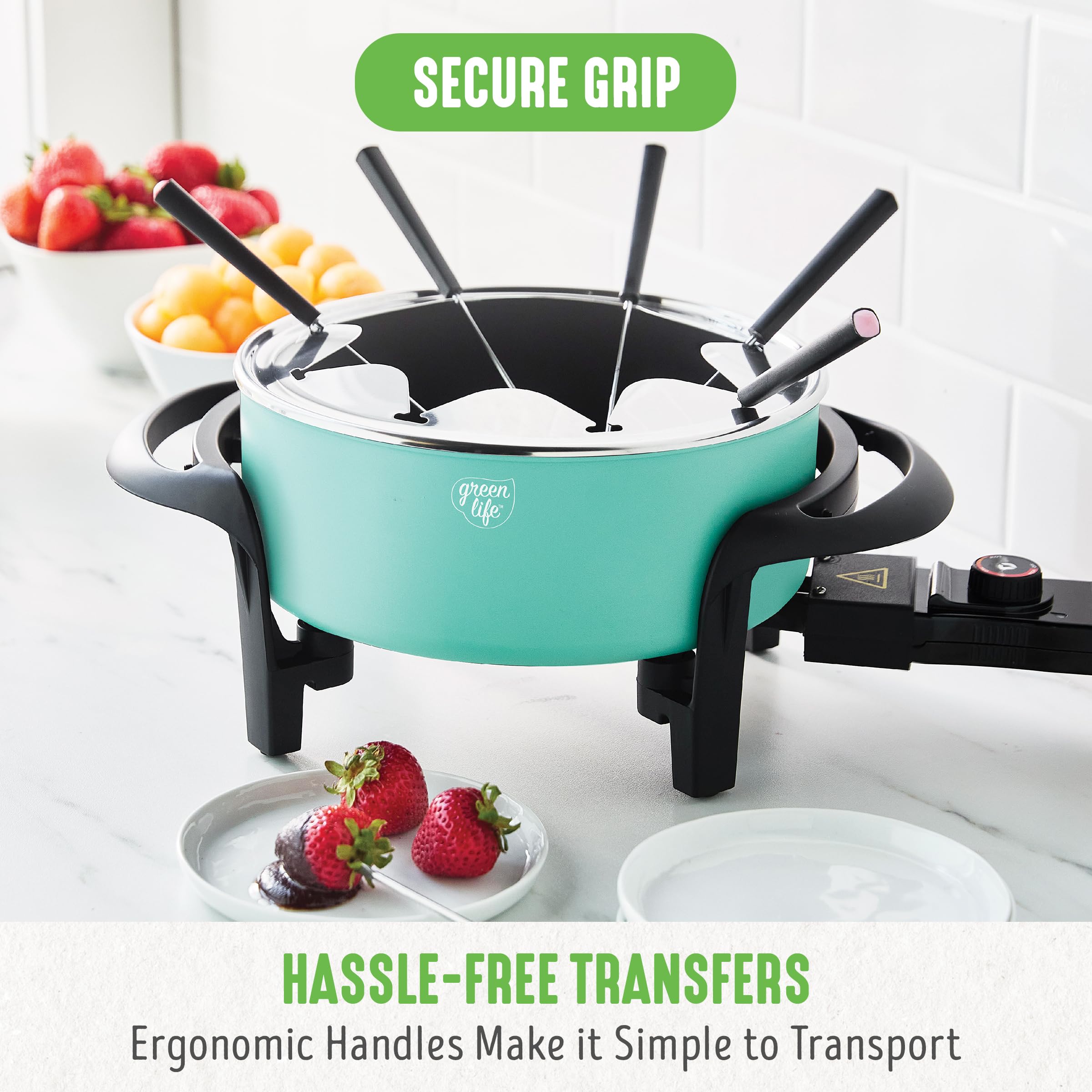 GreenLife 14 Cup Electric Fondue Pot Set for Cheese, Chocolate & Meat - 8 Color Coded Forks, Ceramic Nonstick Coating, Adjustable Temp Control, PFAS-Free, Turquoise - Perfect for Parties, Date Nights & Family Gatherings
