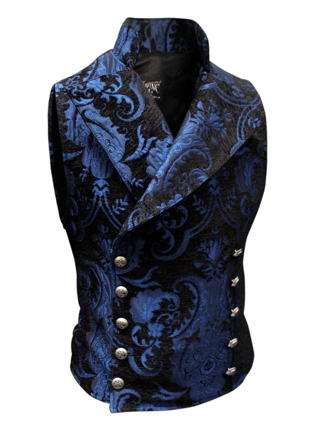 Men's Victorian Gothic Formal Cavalier Vest - Blue & Black Tapestry Design - Size Large - Perfect for Renaissance Fairs, Steampunk Cosplay & Historical Reenactments