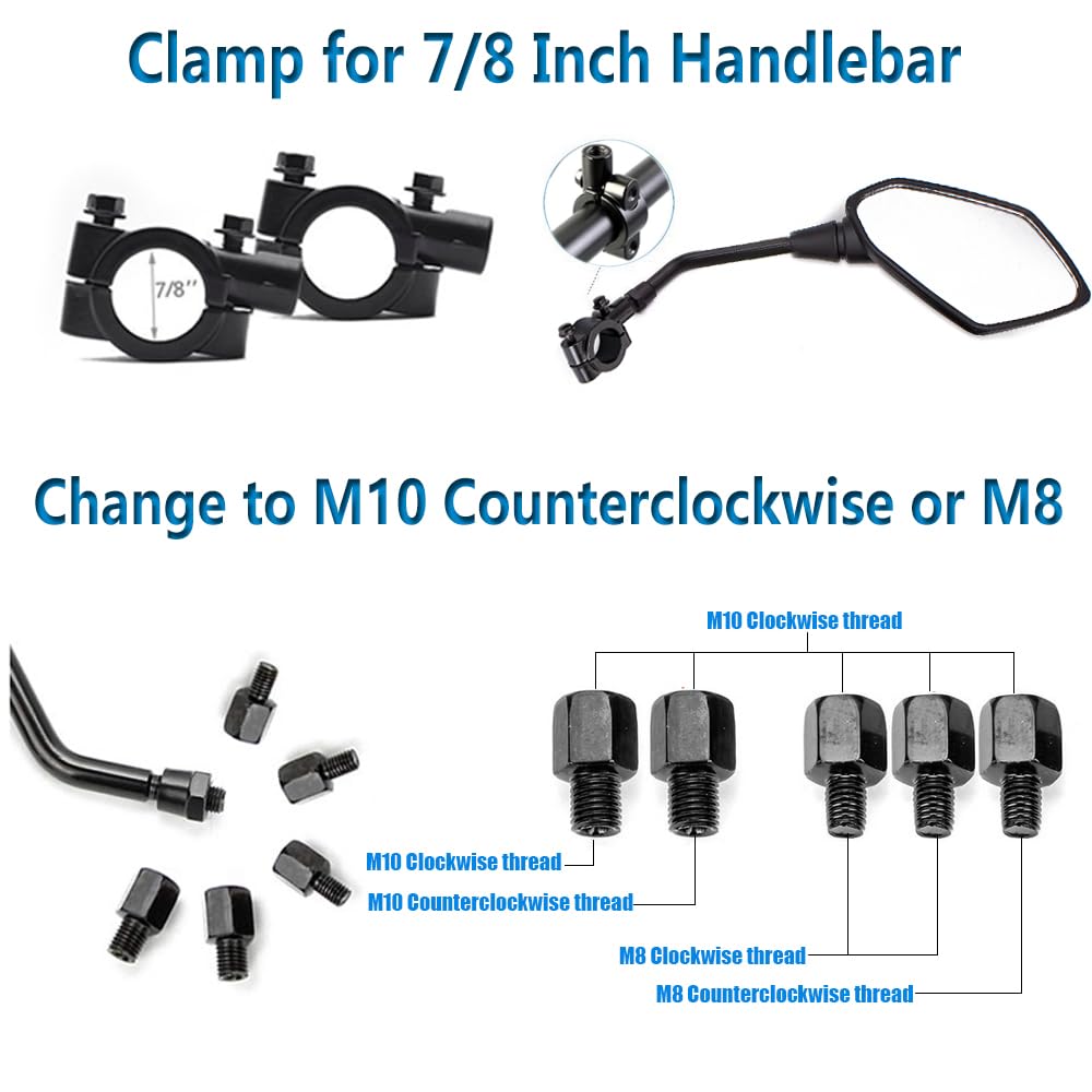 Universal Motorcycle Side Mirrors - 2 Pack, 10mm & 8mm Bolt, 7/8