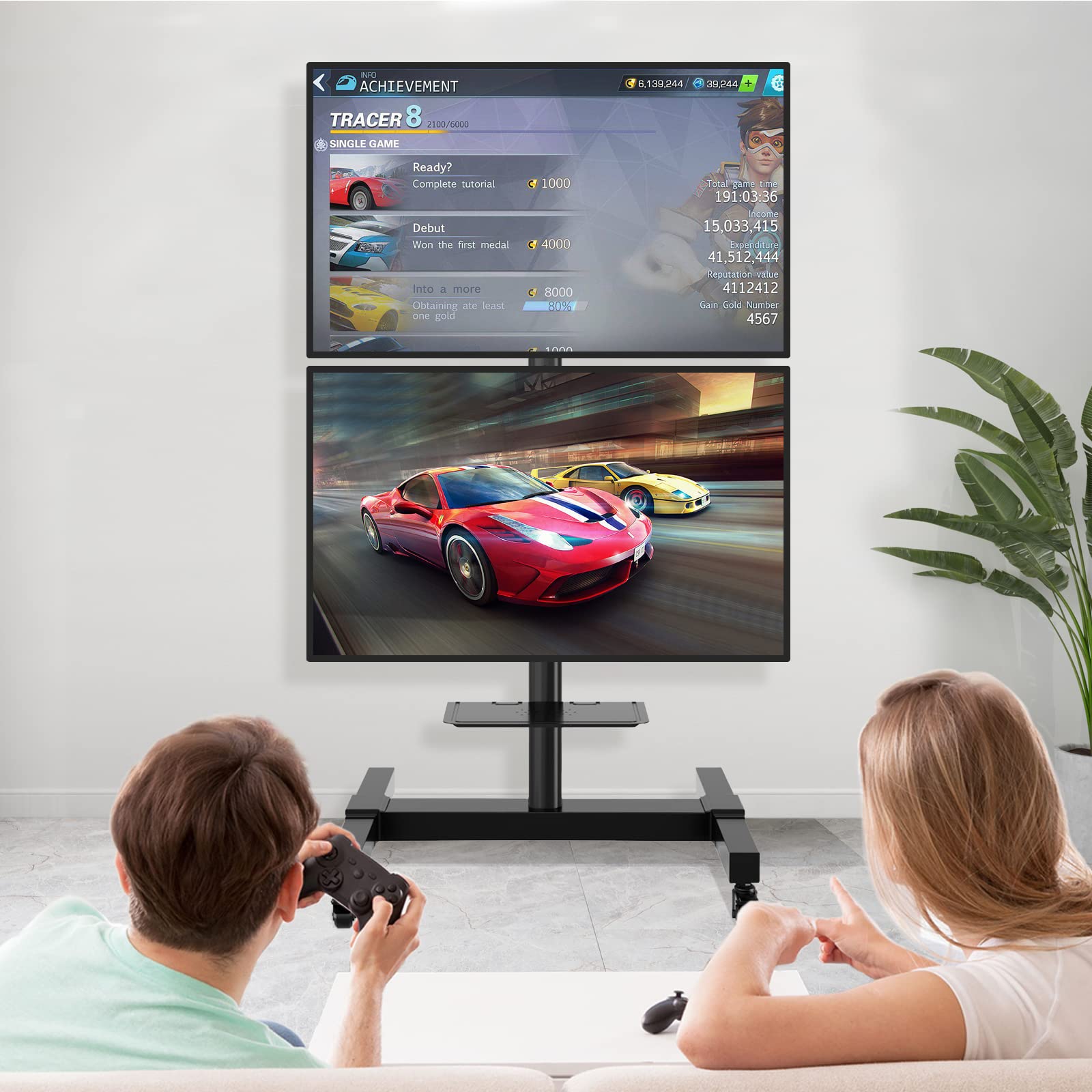 TVON Mobile Dual TV Stand for 32-65 Inch Plasma LCD LED Smart Flat Panel Curved TVs - Heavy Duty Rolling TV Cart with Wheels & Tilt Mount Floor Stand (Holds up to 132 lbs) - Perfect for Living Room, Bedroom, or Office Entertainment Setup