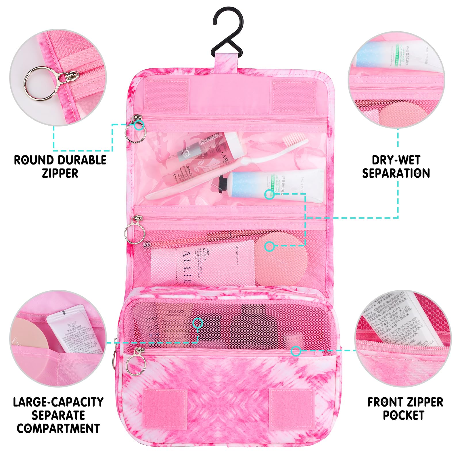 Waterproof Tie Dye Pink Heart Hanging Toiletry Bag for Girls & Teen Girls - Travel Cosmetic Makeup Organizer with Hook - Perfect for School, Camping, Vacation & Gym Essentials Storage