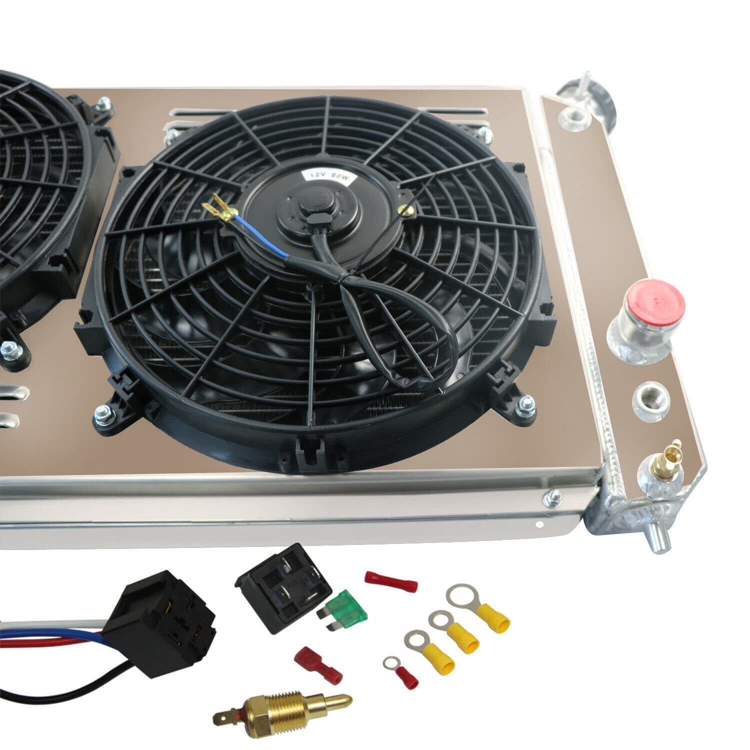 ALLOYWORKS 4-Row Core All-Aluminum Radiator with Shroud Fan & Relay Kit for 1996-2005 Chevy S10 Blazer C1500 GMC Jimmy LS Engine Swap - High-Performance Cooling Upgrade for Off-Roading, Towing & Hot Weather Driving