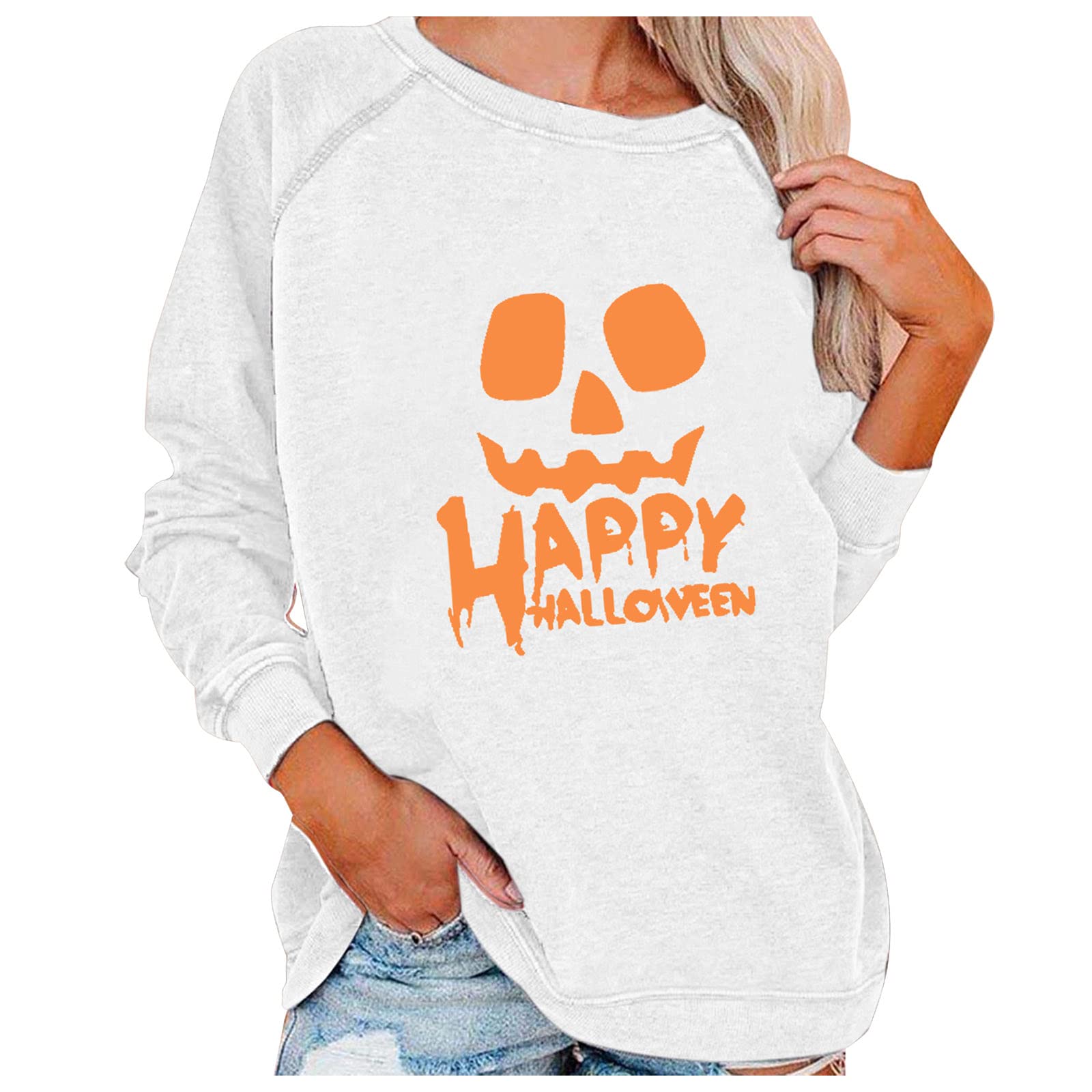 Women's Halloween Pumpkin Print Long Sleeve Sweatshirt - Lightweight Casual Pullover Top for Fall, Pumpkin Patch Visits & Cozy Autumn Outfits