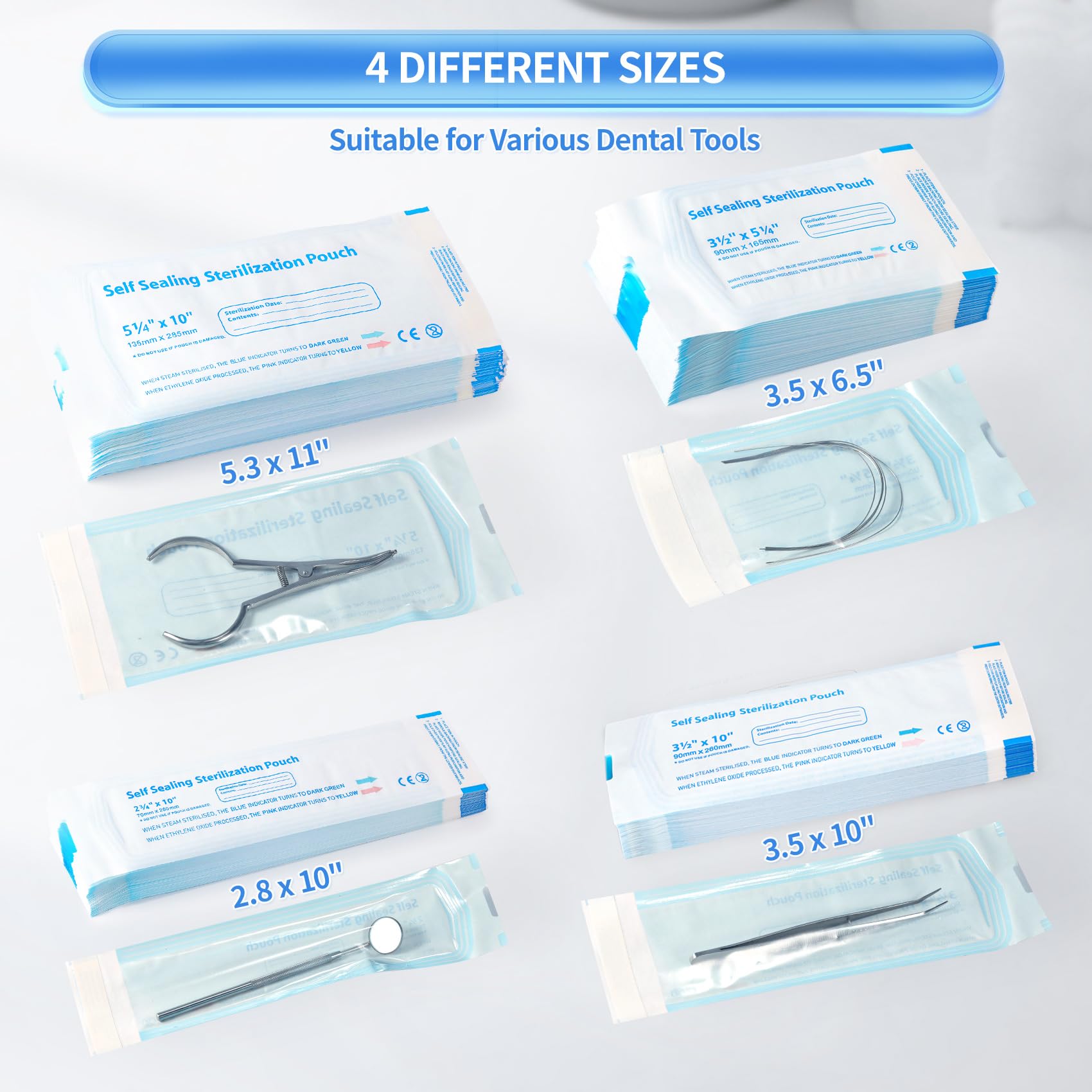 200 PCS Sterilization Pouches 5.3 x 11 Inch - Self-Sealing Sterilizer Bags for Dental Tools, Beauty Equipment | Autoclave Safe, Dentist Office, Salon & Tattoo Studio Use