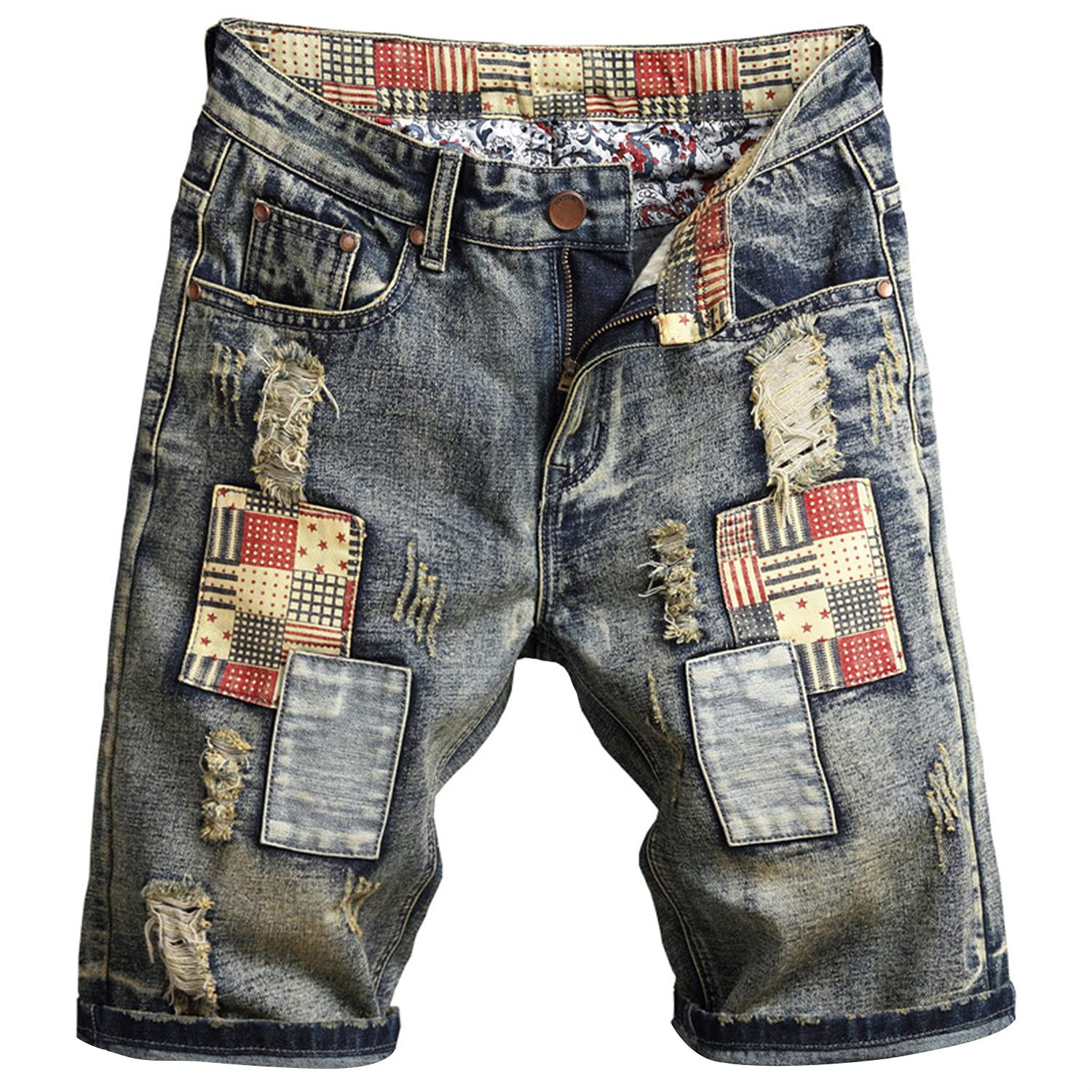 Vintage Distressed Denim Shorts for Men - Retro Plus Size Casual Ripped Biker Jean Shorts with Embroidery (Blue, Size 29) | Perfect for Summer Outfits, Beach Wear & Casual Street Style