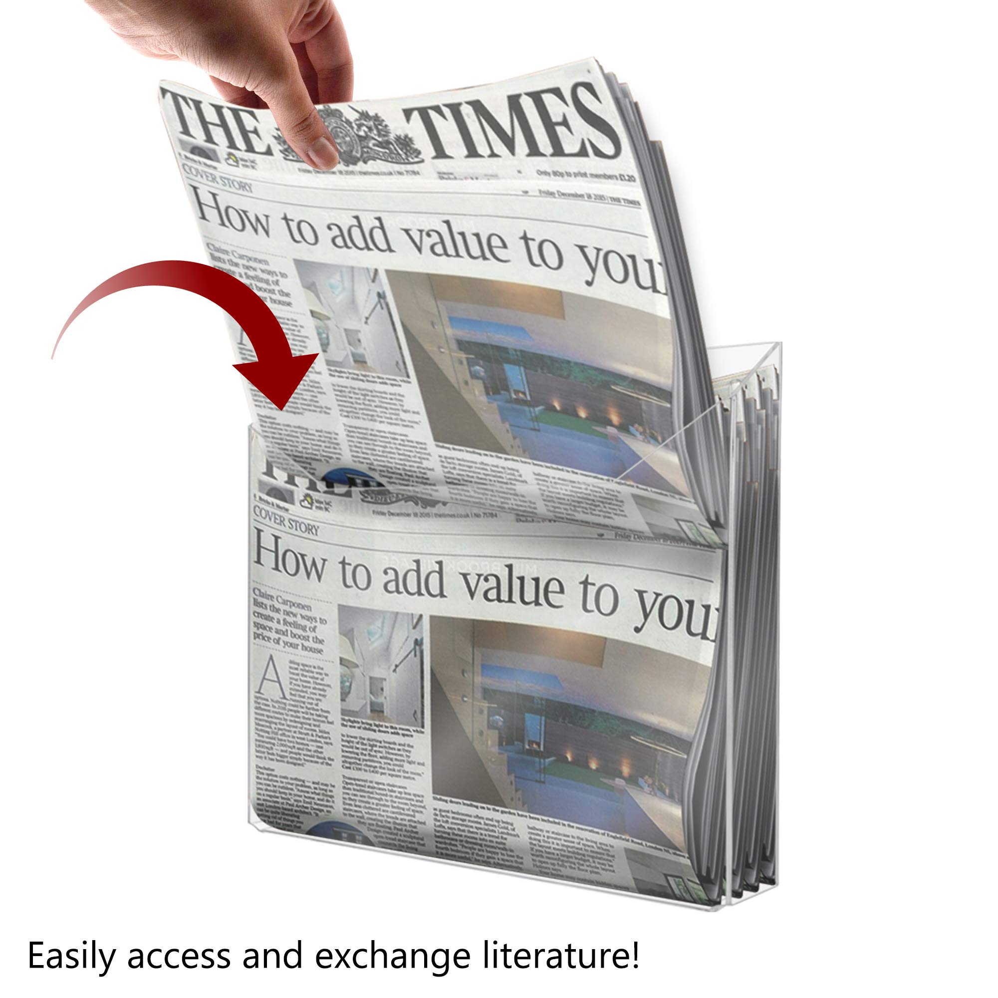 13.75 Inch Clear Acrylic Wall Mount File Holder - Extra Wide Marketing Display Caddy for Oversized Newspapers & Literature (Includes Hardware) - Perfect for Office Organization & Retail Store Displays