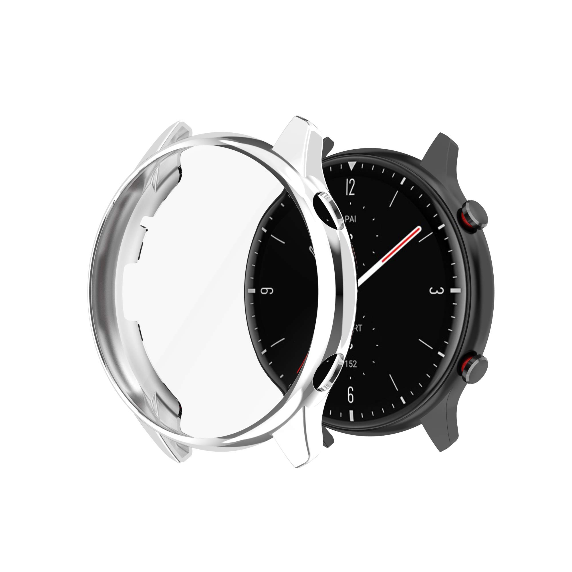 FitTurn Amazfit GTR 2 Screen Protector & Metal Color TPU Shockproof Case Cover - Slim Bumper Shell for Amazfit GTR 2 Smartwatch (Silver) | Perfect for Gym, Running & Outdoor Activities