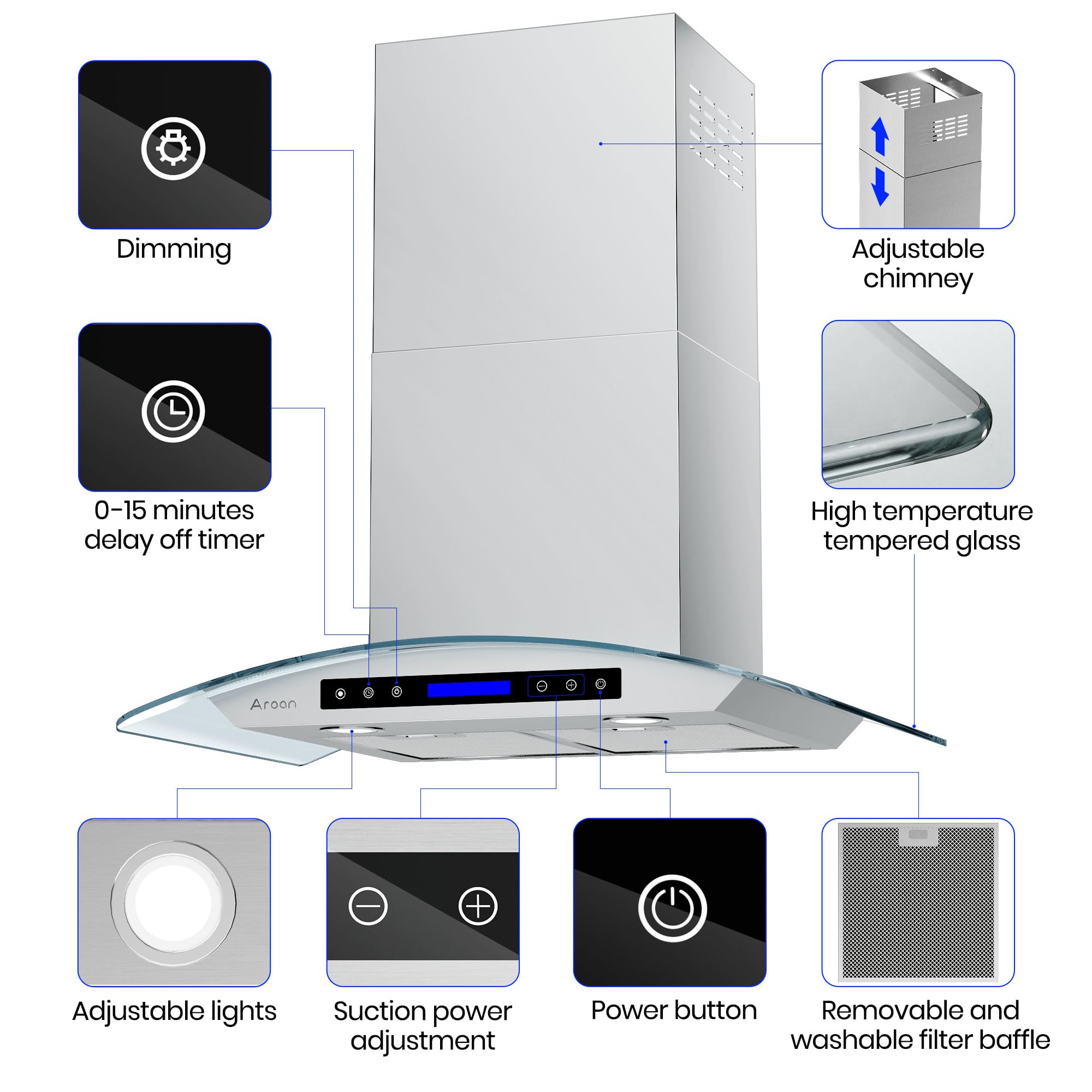 30 Inch Stainless Steel Wall Mount Range Hood with 780 CFM, 4-Speed Touch Panel & 2 Adjustable LED Lights - Tempered Glass Kitchen Chimney Vent Hood (PA03-30) - Perfect for Modern Kitchens, Restaurants & Open-Concept Homes