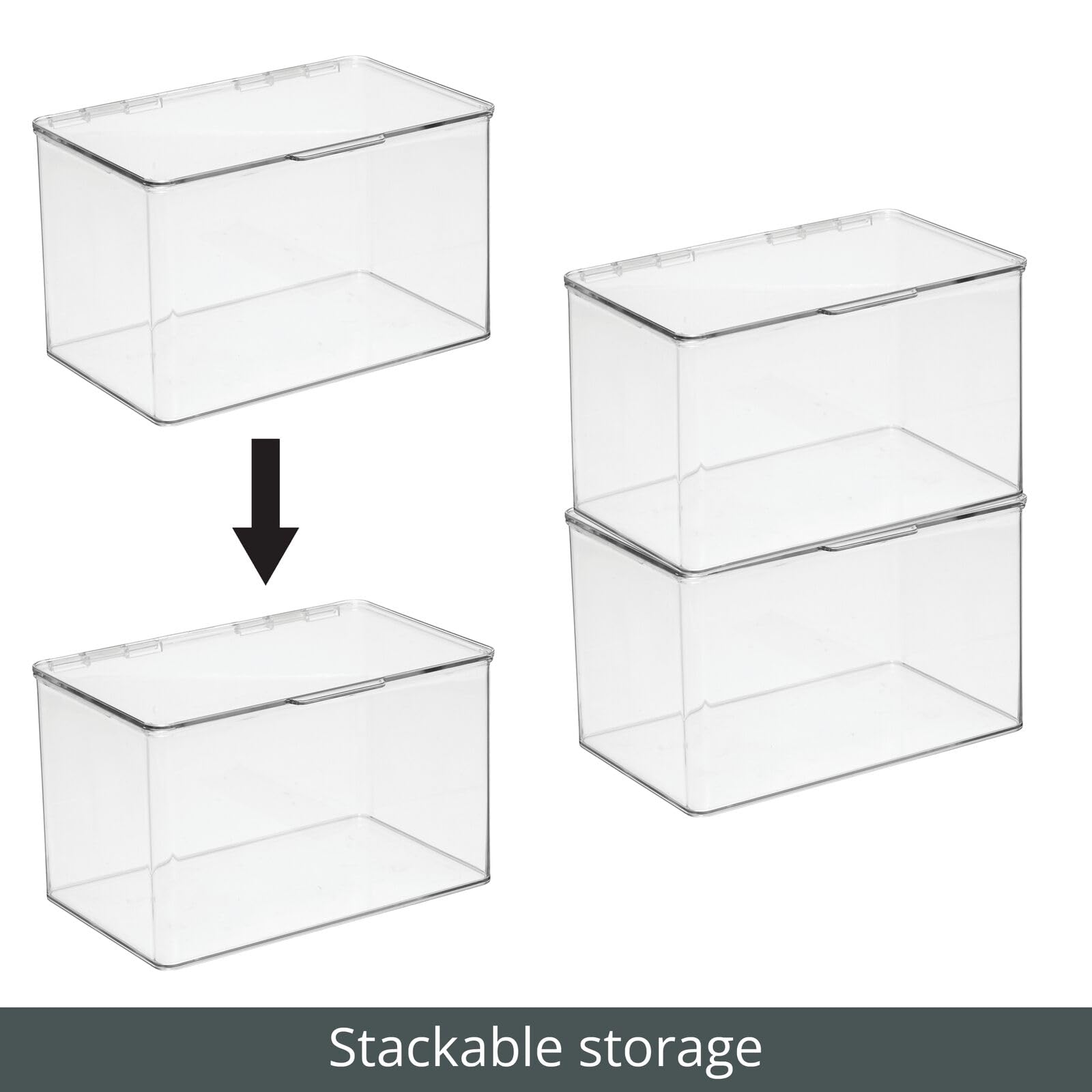 mDesign Clear Plastic Bathroom Storage Box with Hinged Lid - Stackable Organizer for Soap, Shampoo, Lotion, Towels & Hair Accessories - 4 Pack - Perfect for Shower, Vanity & Closet Organization (Lumiere Collection)