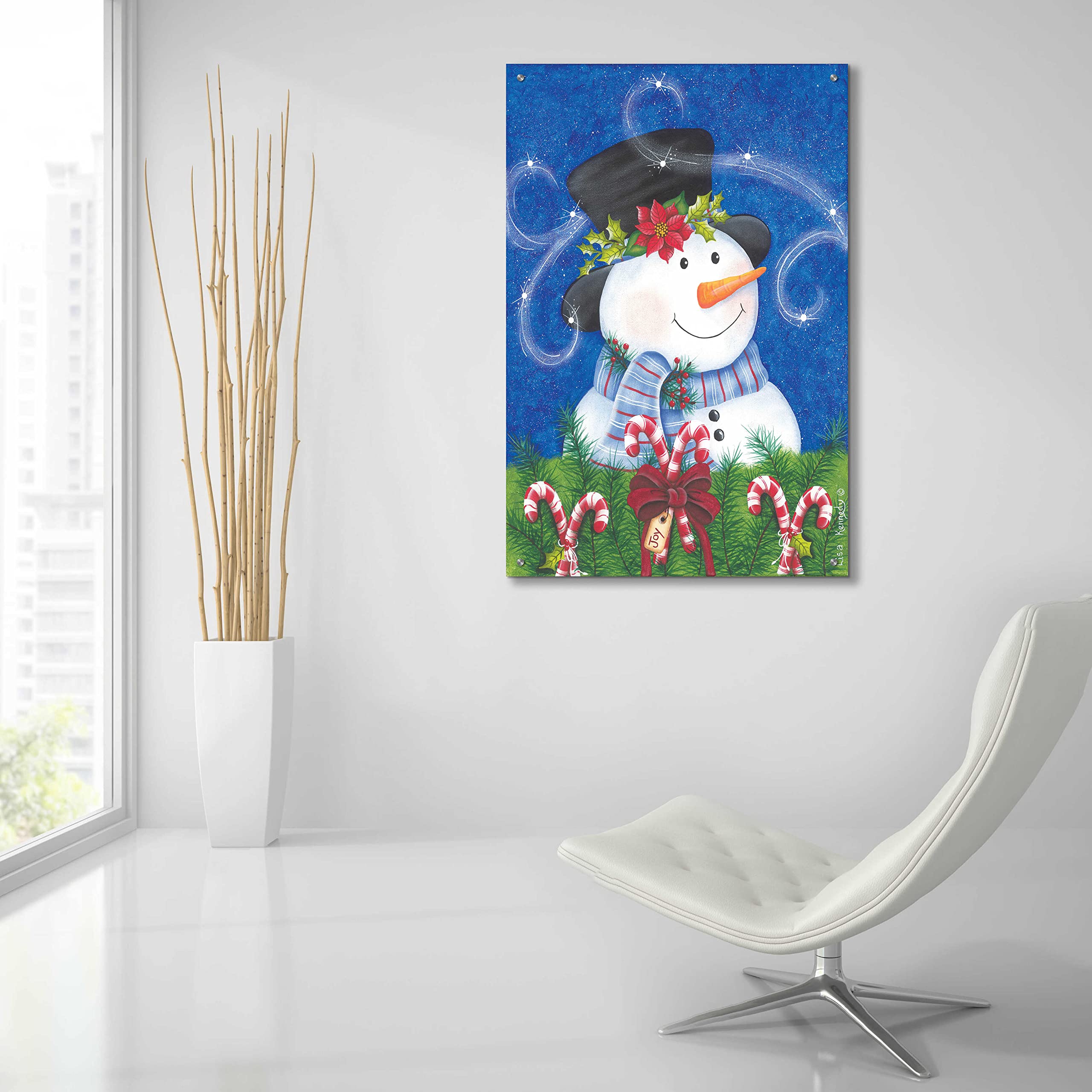 Lisa Kennedy 'Snowman & Candy Canes' Acrylic Glass Wall Art - 24x36 Inch Christmas Holiday Decor - Perfect for Living Room, Bedroom & Office Decorations