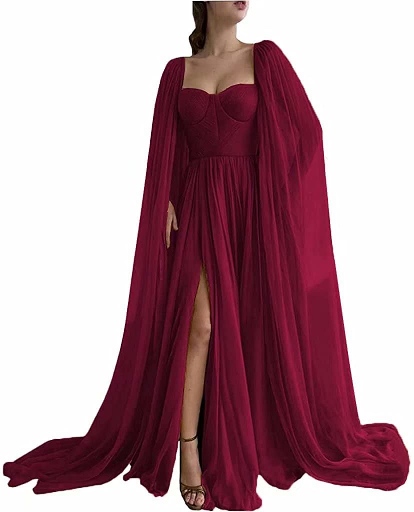 Elegant Women's Chiffon Prom Dress with Slit & Pleated Cape Sleeves - Long Formal Evening Gown with Pockets - Perfect for Homecoming, Prom Night & Special Occasions - LD0120