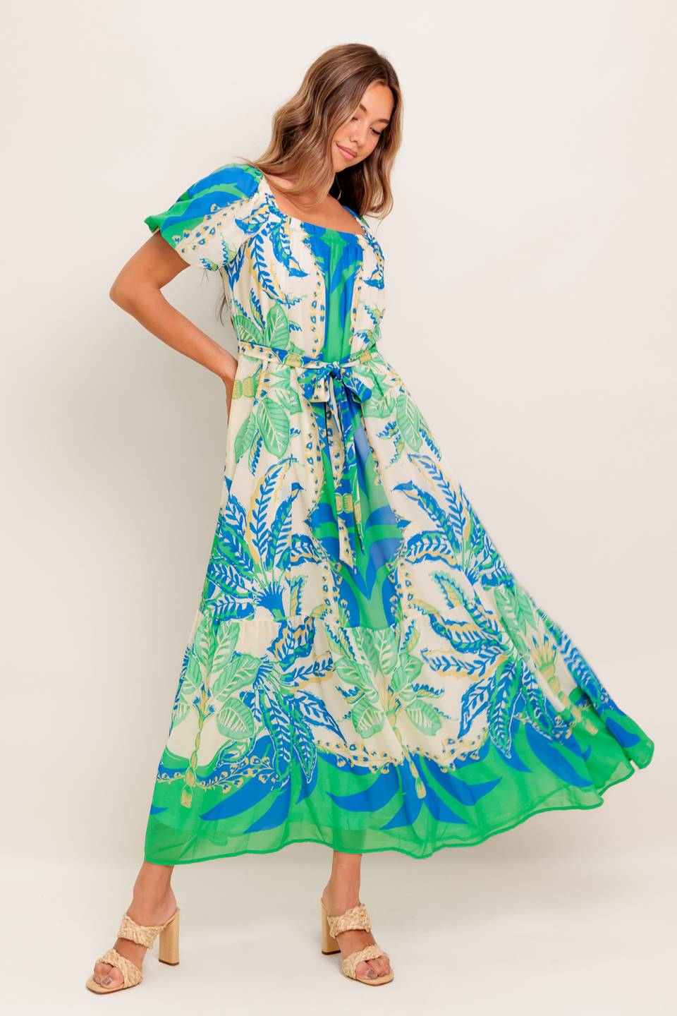 MADDISON MAXI DRESS for Women - Flowy Green & Blue Floral Summer Dress - Perfect for Beach Vacation, Wedding Guest, and Casual Outings