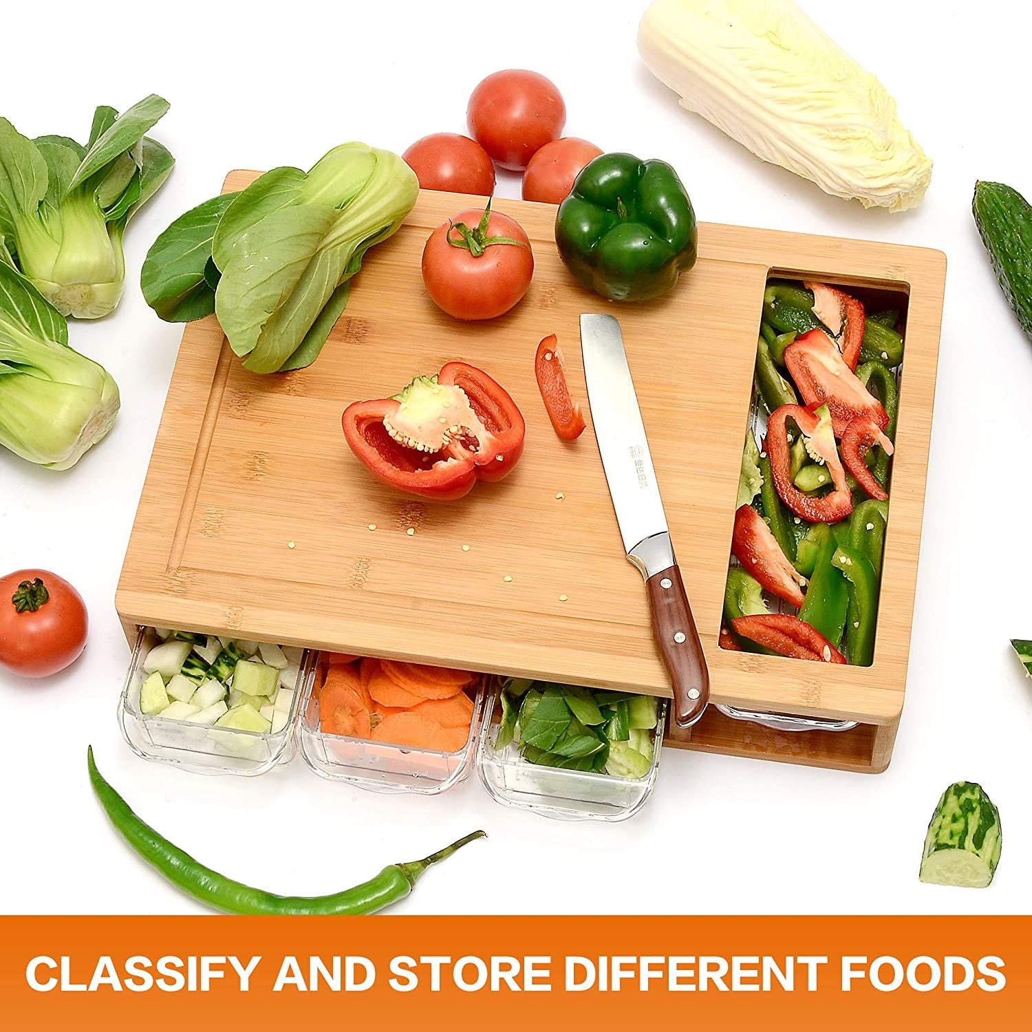 Premium Bamboo Cutting Board Set with 4 Airtight Containers & Mobile Holder - Eco-Friendly Kitchen Organizer for Meal Prep, Entertaining & Home Cooking Gifts