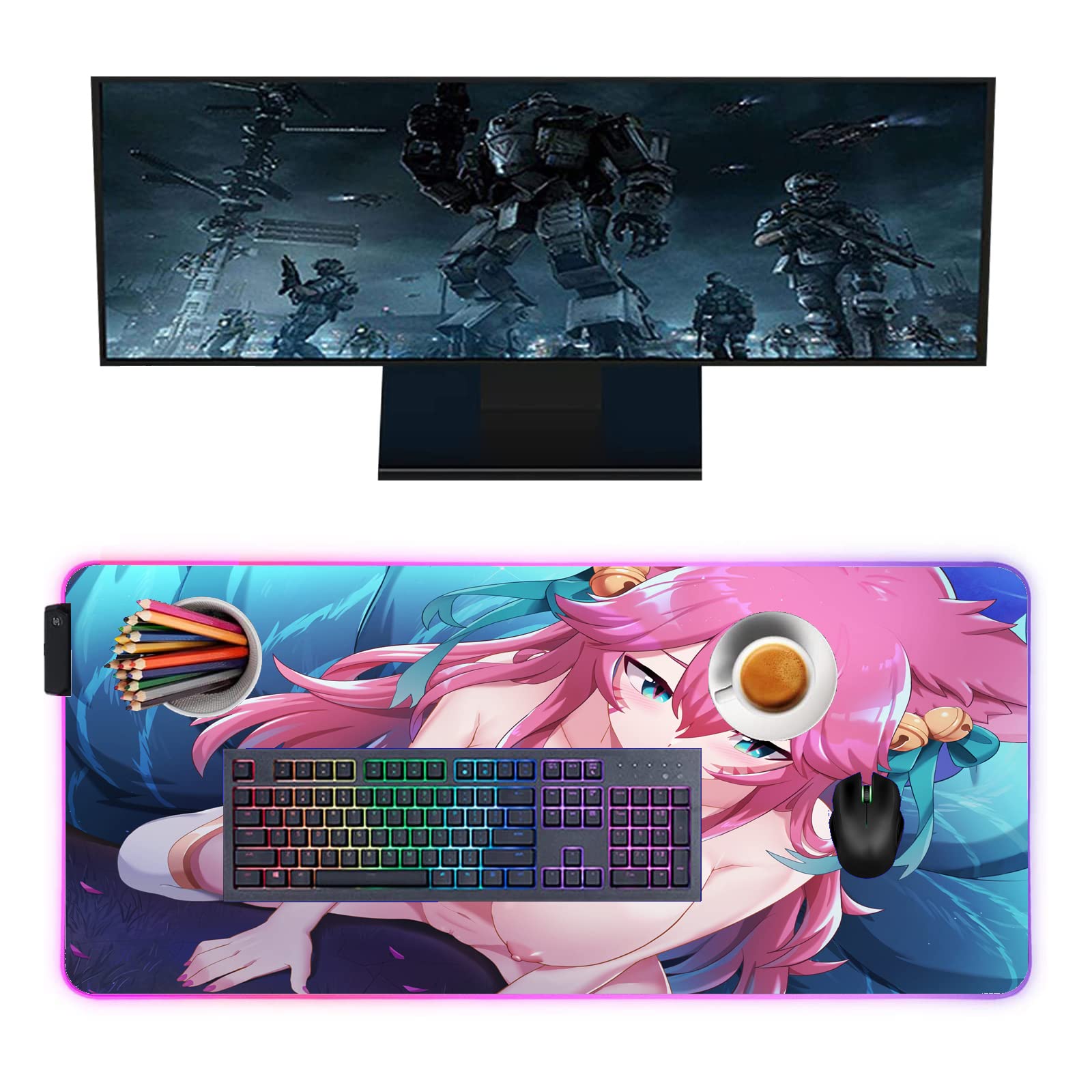 Sexy Anime Girl RGB Gaming Mouse Pad - Large 24x12 Inch LED Backlit Non-Slip Desk Mat for PC, Laptop & Keyboard | Perfect for Gaming Setup, Office Work & Computer Accessories