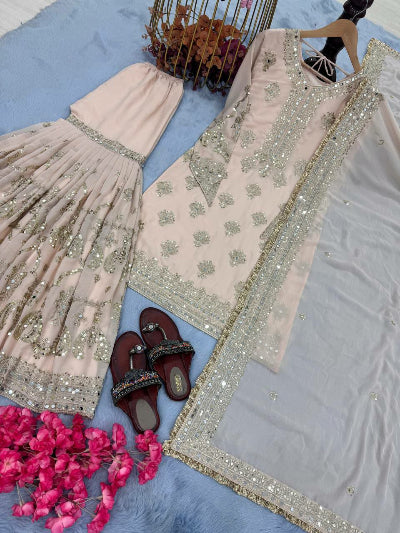 Elegant Peach Georgette Sequins Mirror Work Sharara Suit Set for Women - Perfect for Weddings, Parties & Festive Occasions