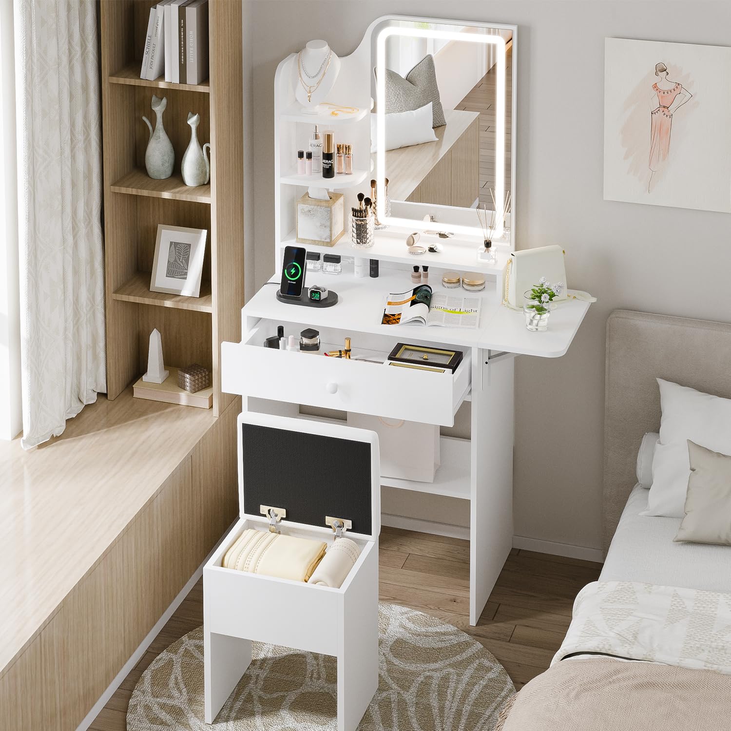 Haewon White Small Vanity Desk Set with Mirror & LED Lights - Compact Makeup Table with Charging Station, Storage & Chair - Perfect for Small Bedrooms, Dorm Rooms & Apartment Beauty Stations
